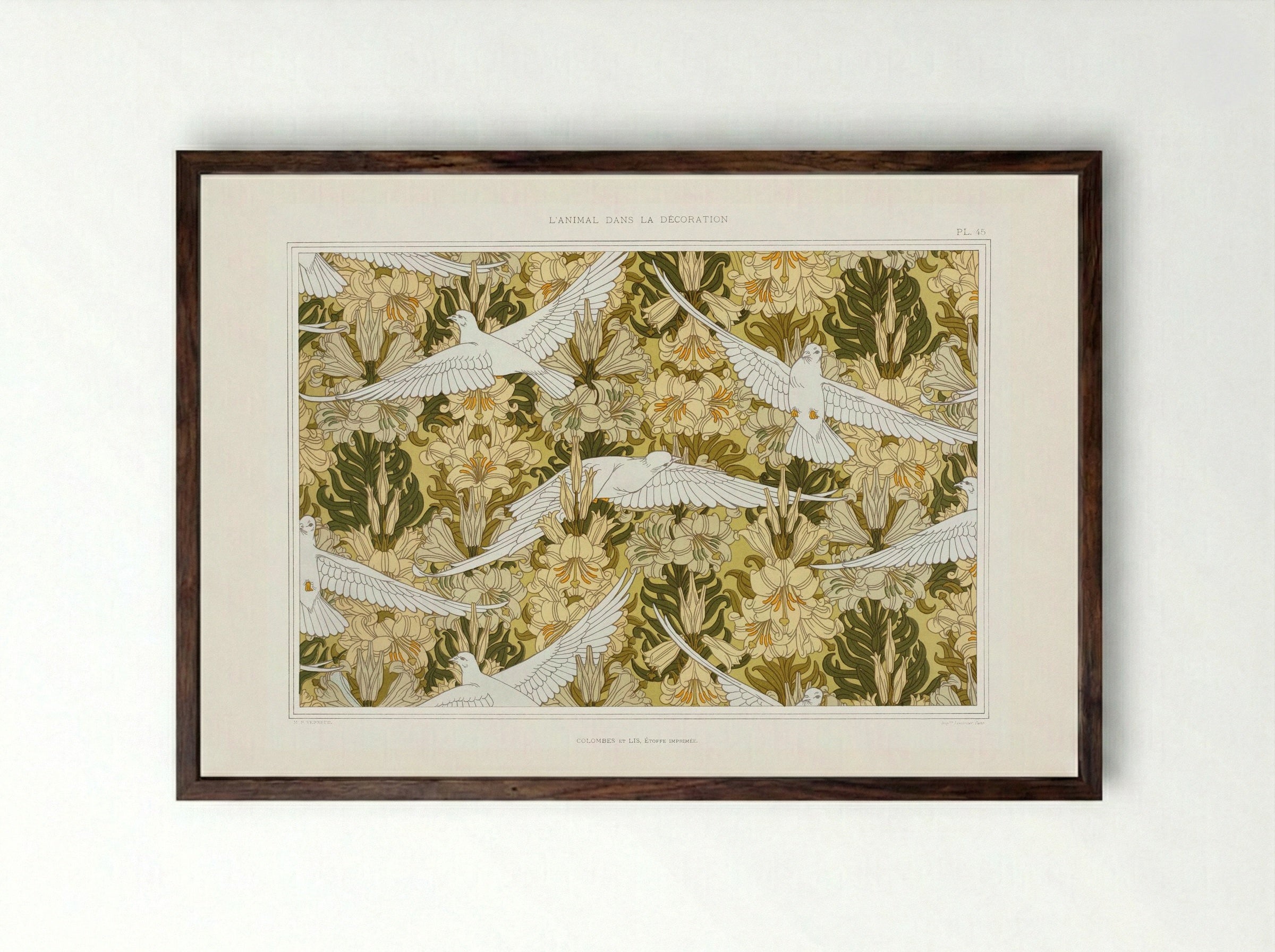 Colombes et Lis, Étoffe Imprimée (Doves and Lilies, Printed Fabric) - Maurice Pillard Verneuil - Framed Print Dark Wood