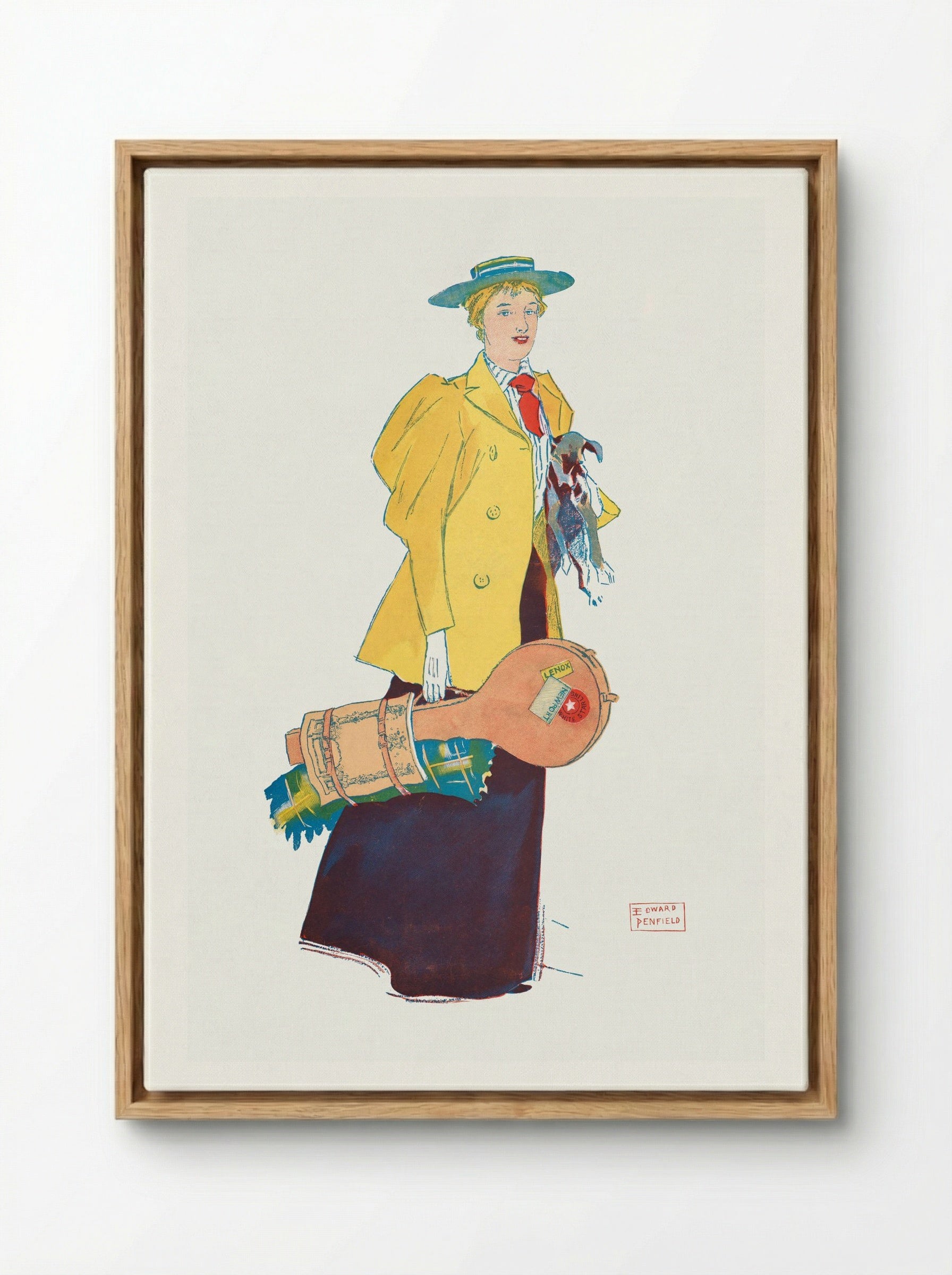 Woman Holding Dog and Luggage - Edward Penfield - Framed Canvas Wood