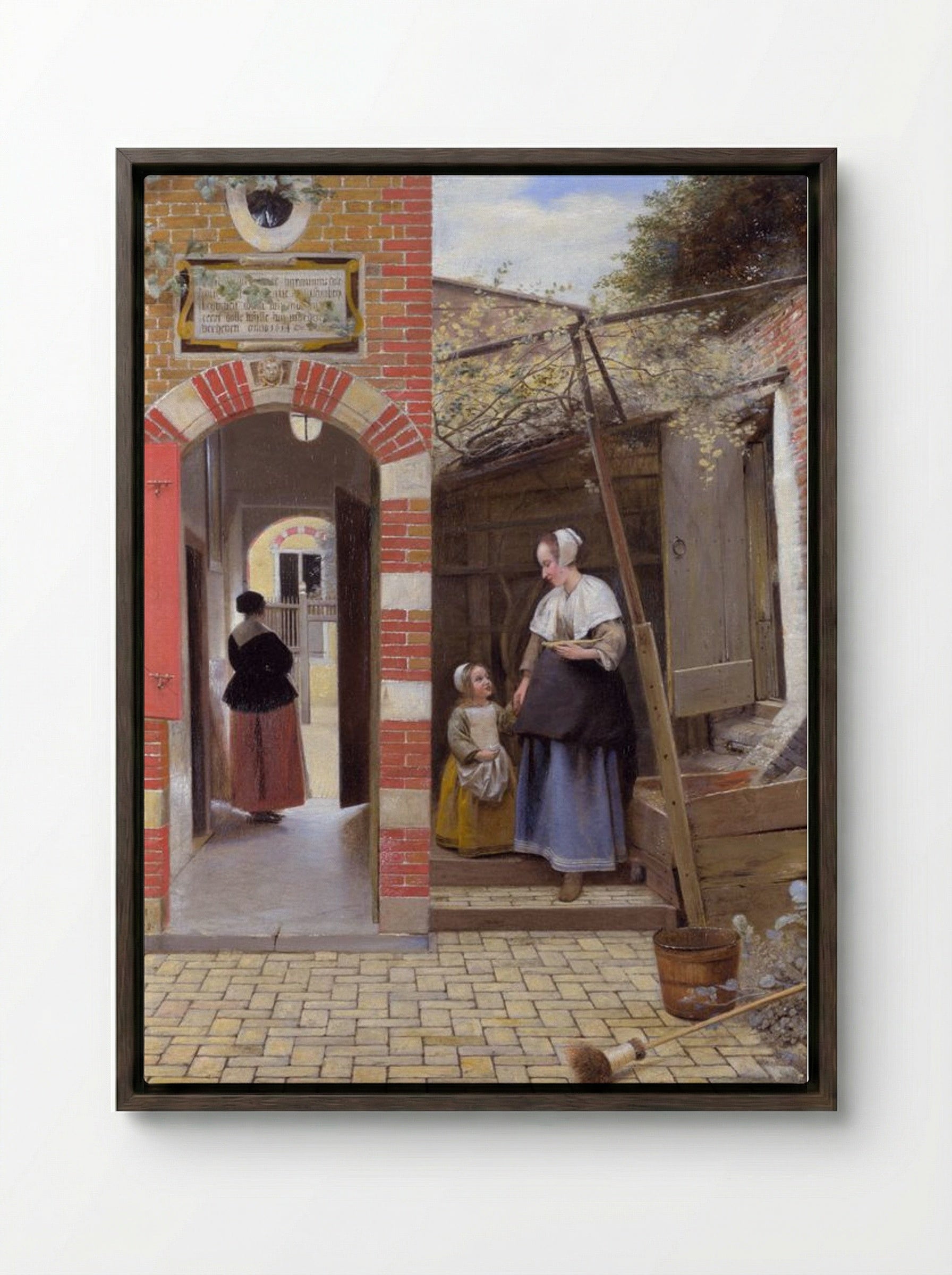The Courtyard of a House in Delft - Pieter de Hooch - Framed Canvas Dark Wood