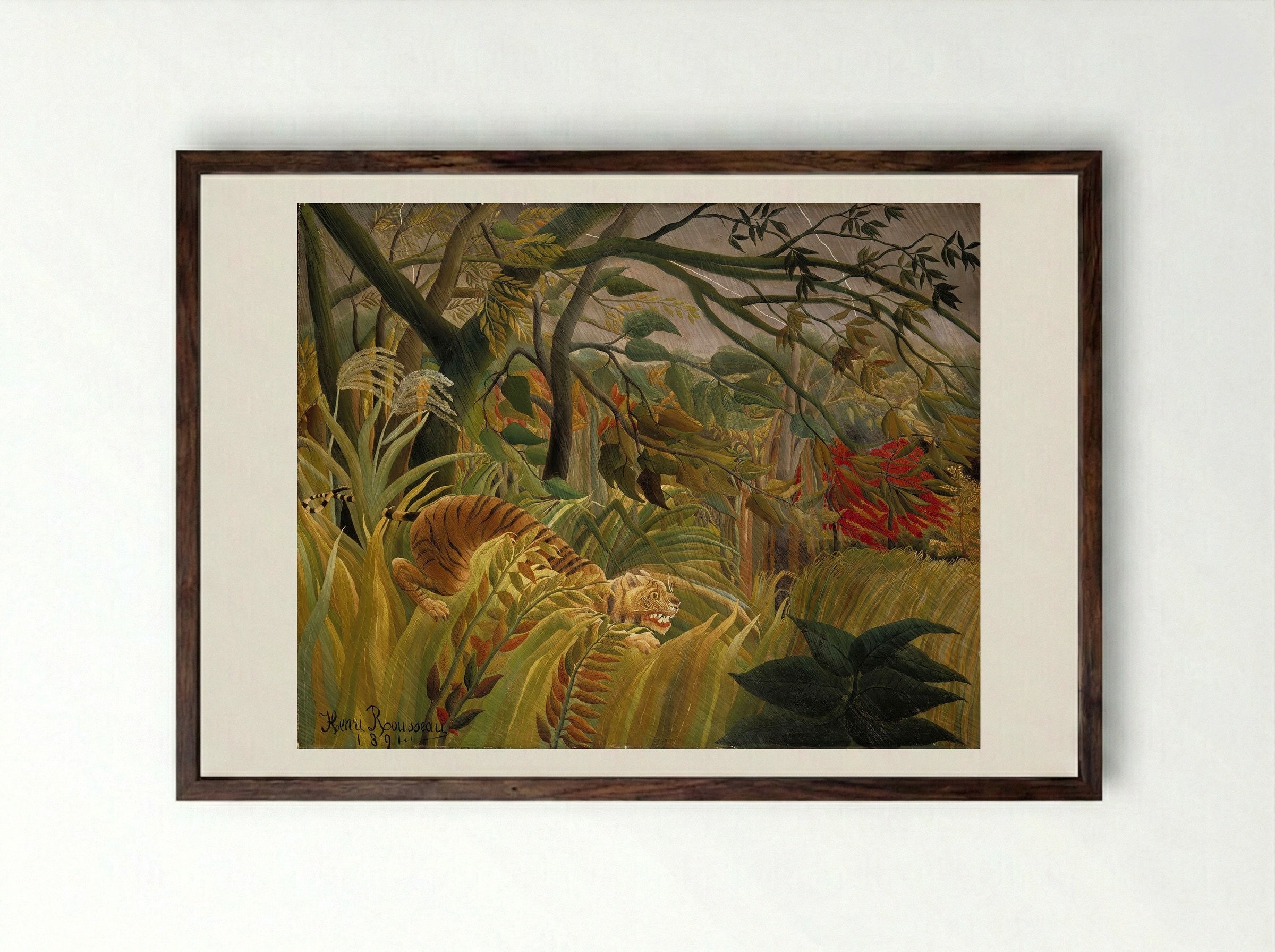 Tiger in a Tropical Storm (Surprised!) - Henri Rousseau - Framed Print Dark Wood