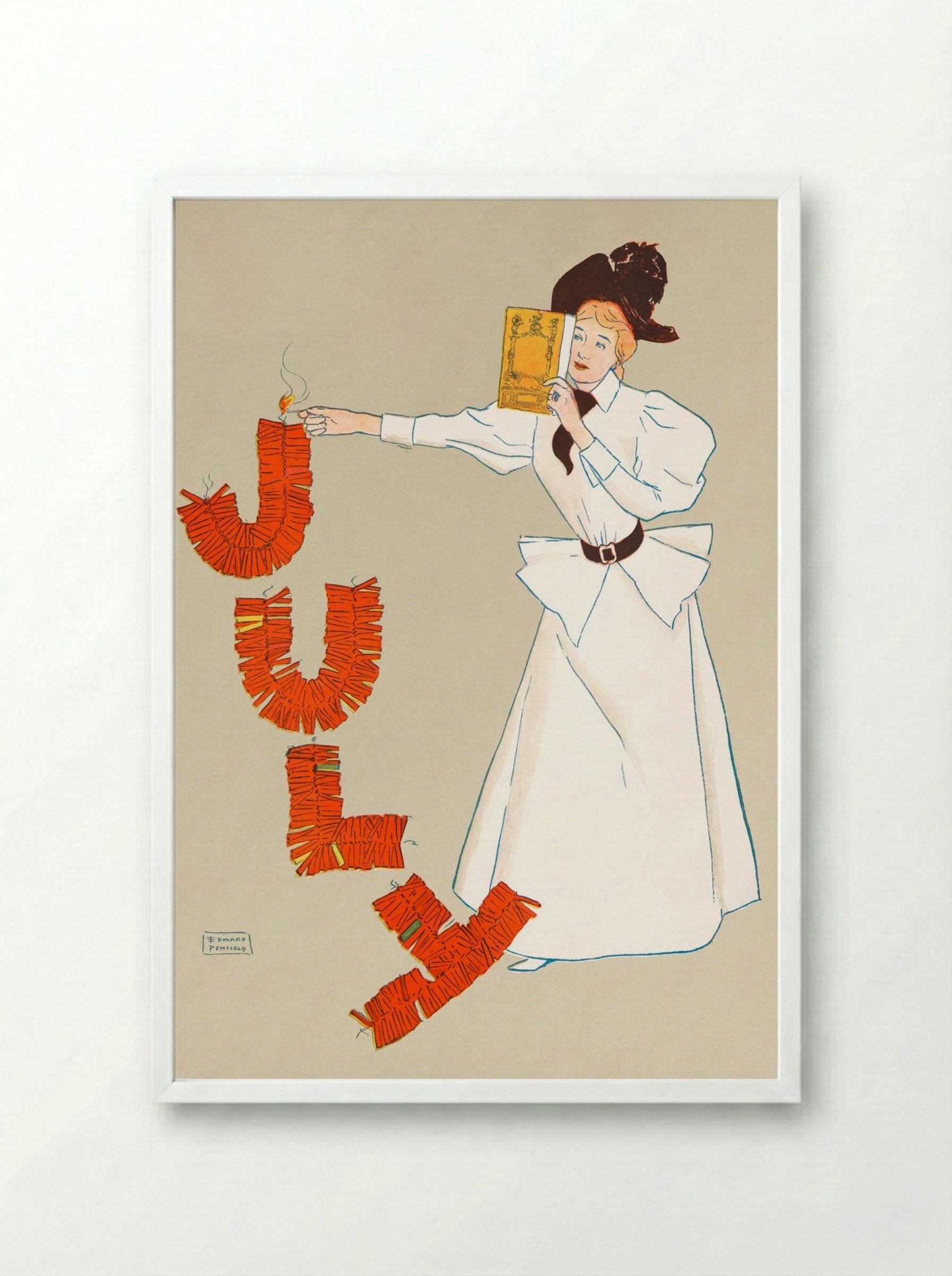 Woman Lighting Up Firecrackers - Edward Penfield - Framed Print White