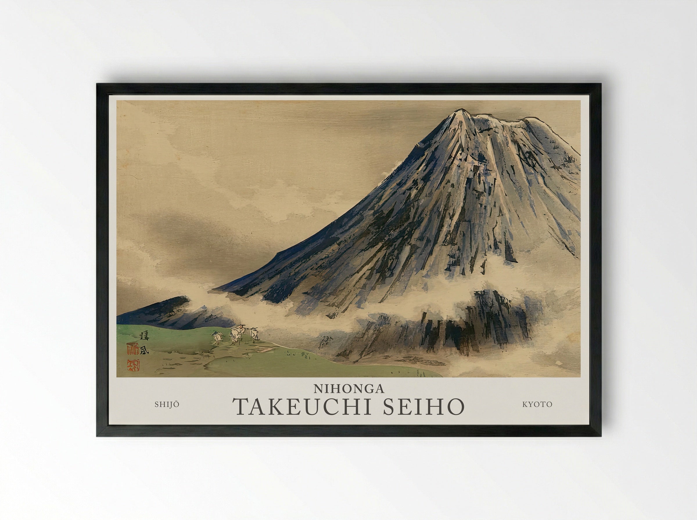 Seiho Twelve Fuji – The White Robes Climbing Mt. Fuji (Meiji Era Woodblock Print) - Framed Print Black