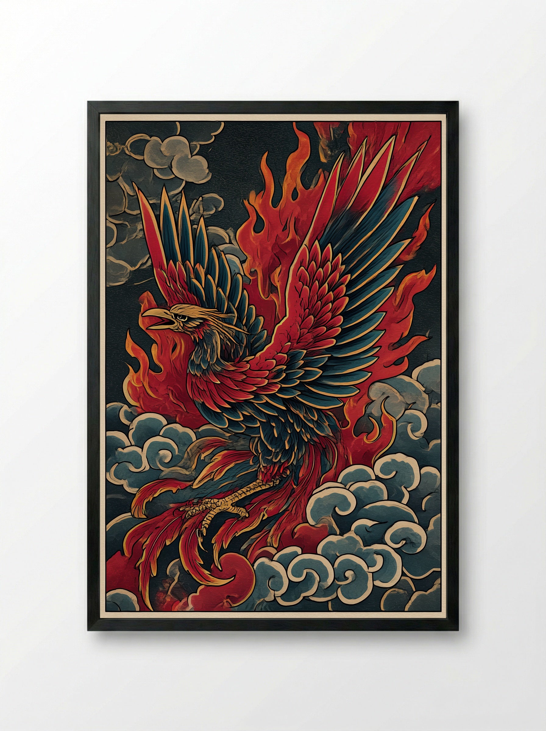 Phoenix Rising from Flames - Japanese Inspired Art Print - Framed Print Black
