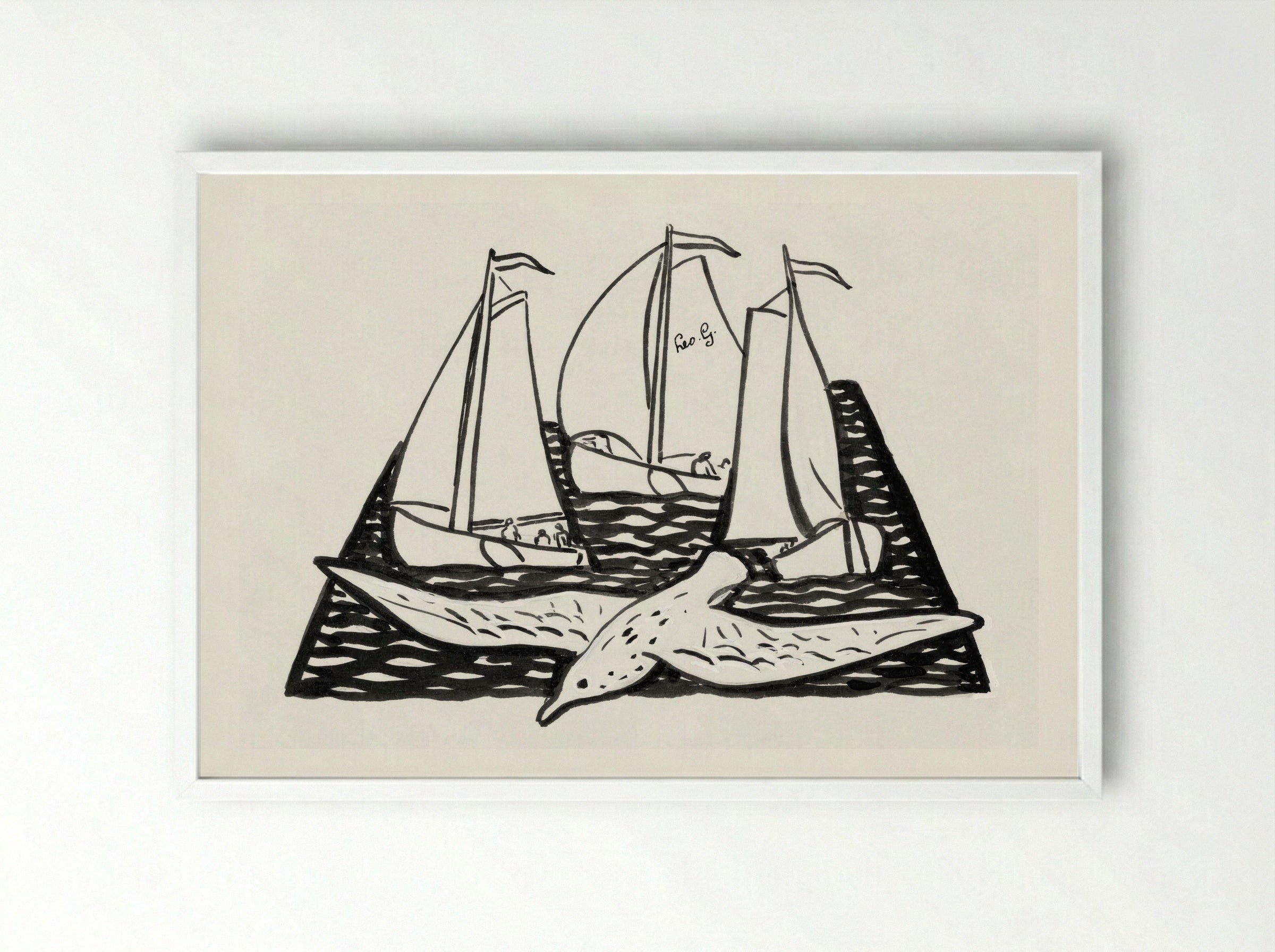 Three Sailing Ships and a Seagull - Leo Gestel - Framed Print White