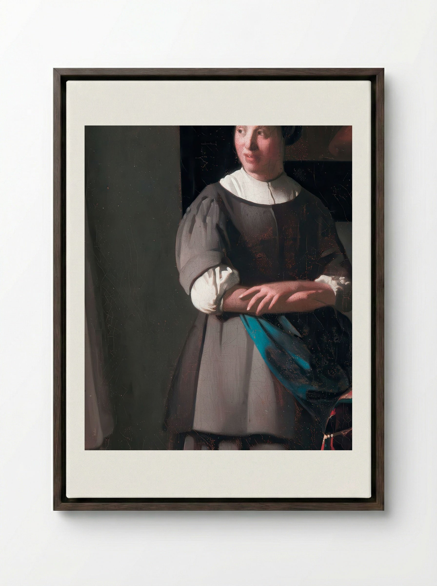 Lady Writing a Letter with her Maid - Johannes Vermeer - Framed Canvas Dark Wood