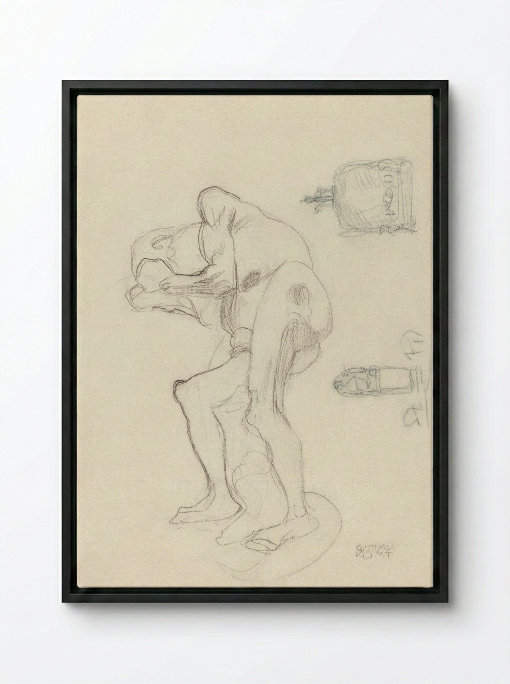 Study of a Nude Old Woman Clenching Her Fists and Two Decorative Objects - Gustav Klimt - Framed Canvas Black