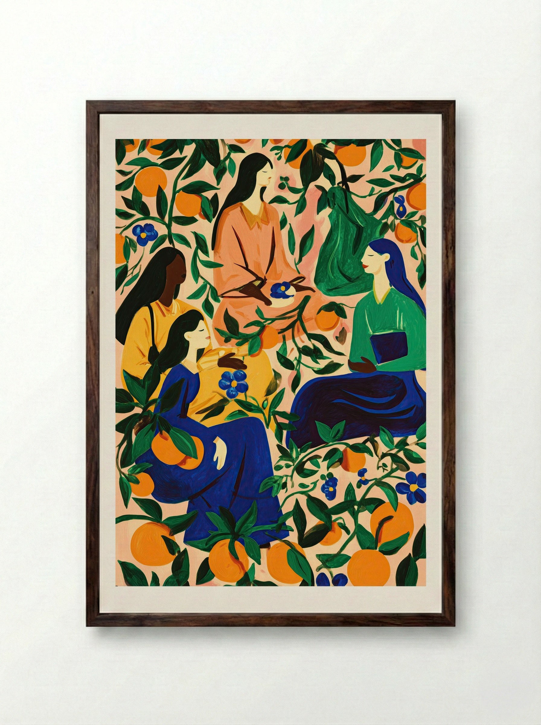 Orange Grove Gathering Botanical Portrait Print - Framed Print Dark Wood