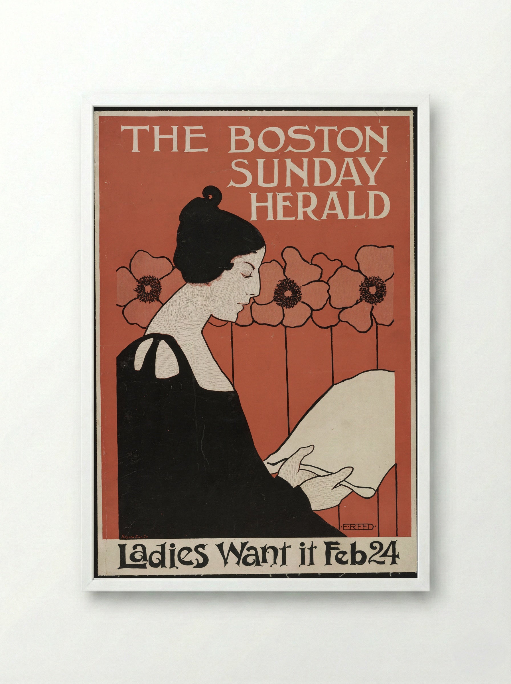 Portrait of a Woman Reading a Newspaper with Flowers - Ethel Reed - Framed Print White