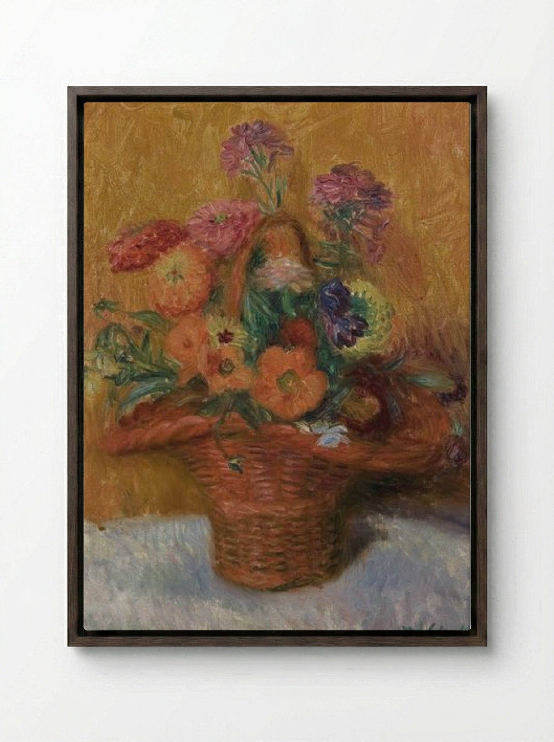 Red Basket of Zinnias - William James Glackens - Framed Canvas Dark Wood