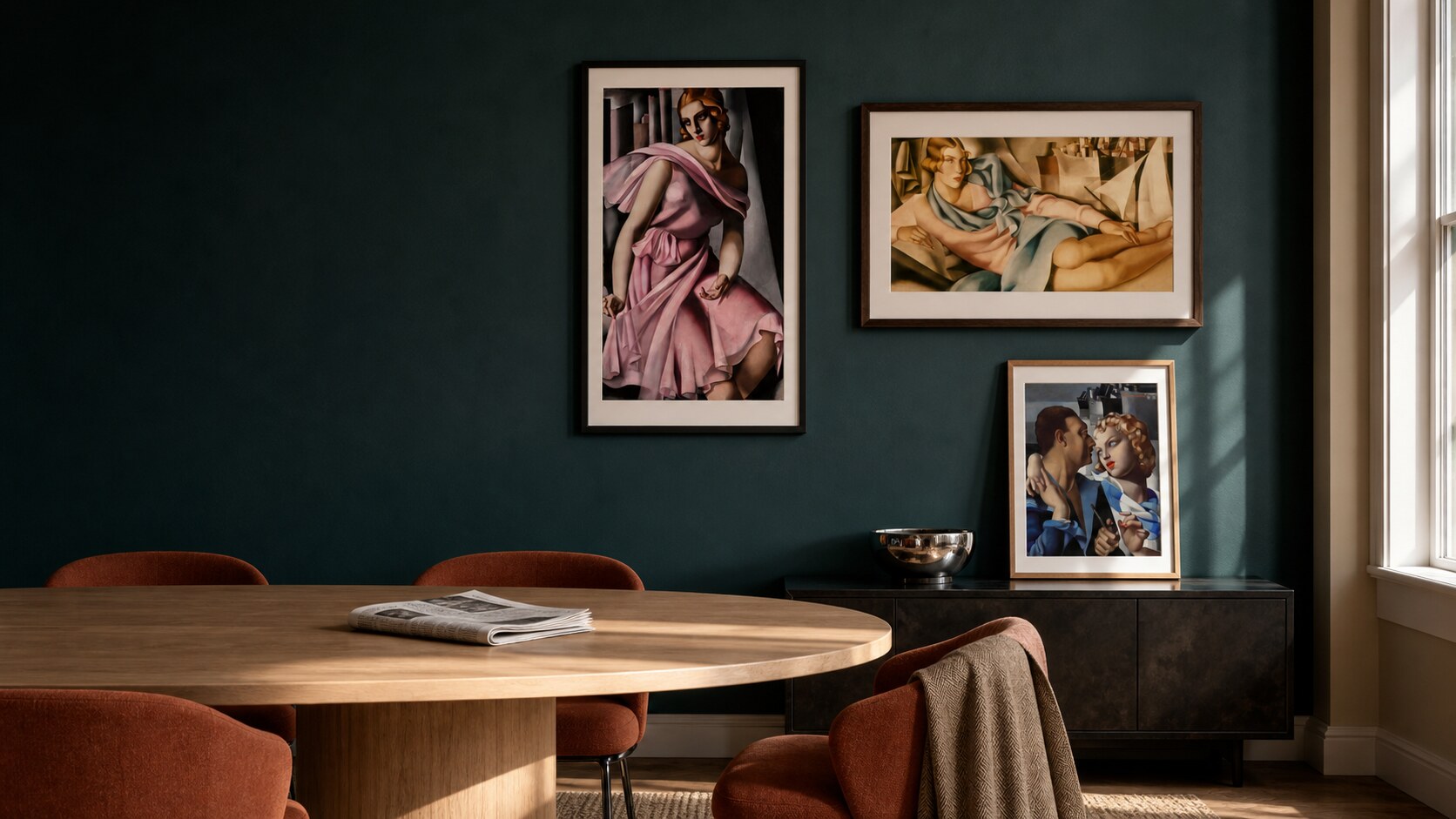 Tamara de Lempicka prints in a contemporary dining room