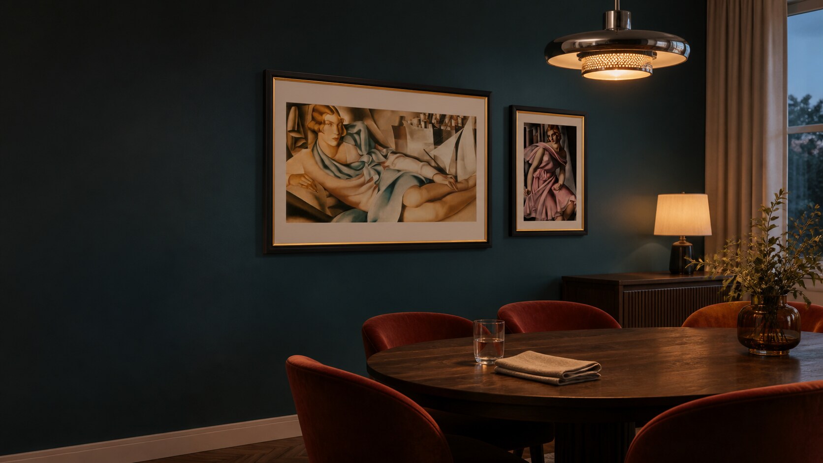 Tamara de Lempicka prints in a contemporary dining room