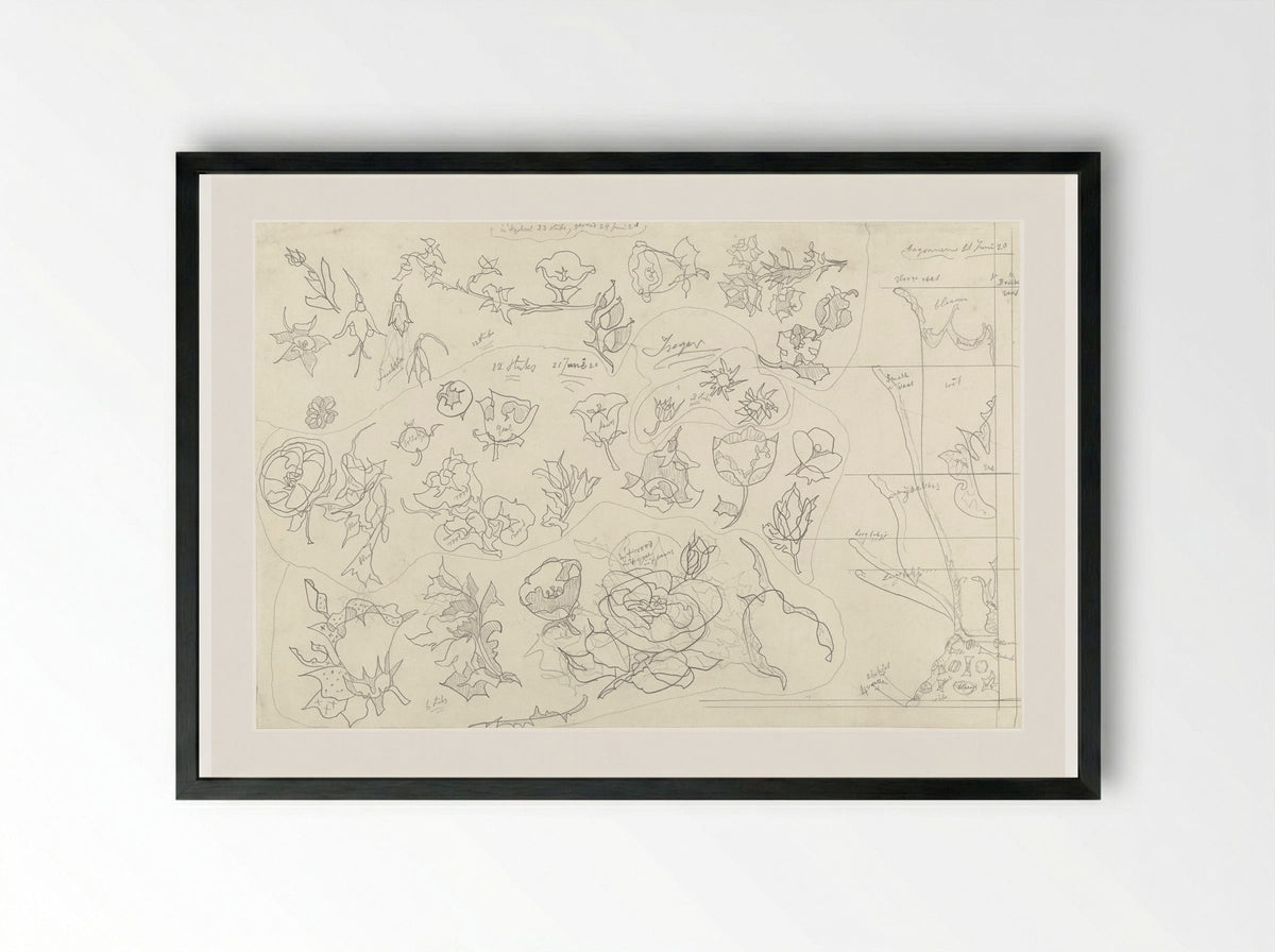 33 Bloemornamenten voor aardewerkdecoratie en zes halfprofielen voor vazen en bakjes - Theo Colenbrander - Framed Print Black