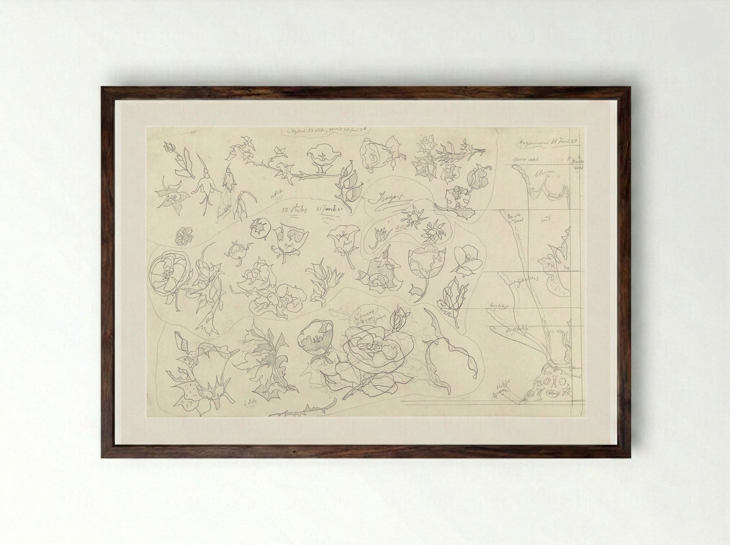 33 Bloemornamenten voor aardewerkdecoratie en zes halfprofielen voor vazen en bakjes - Theo Colenbrander - Framed Print Dark Wood