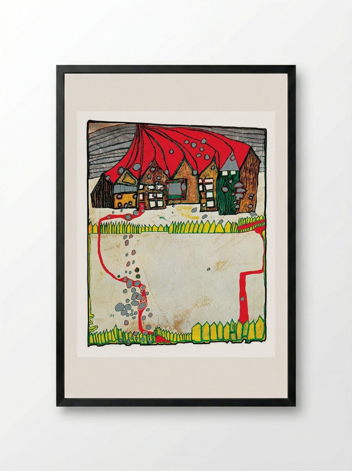 557 Houses in the Snow in a Silver Shower - Friedensreich Hundertwasser - Framed Print Black