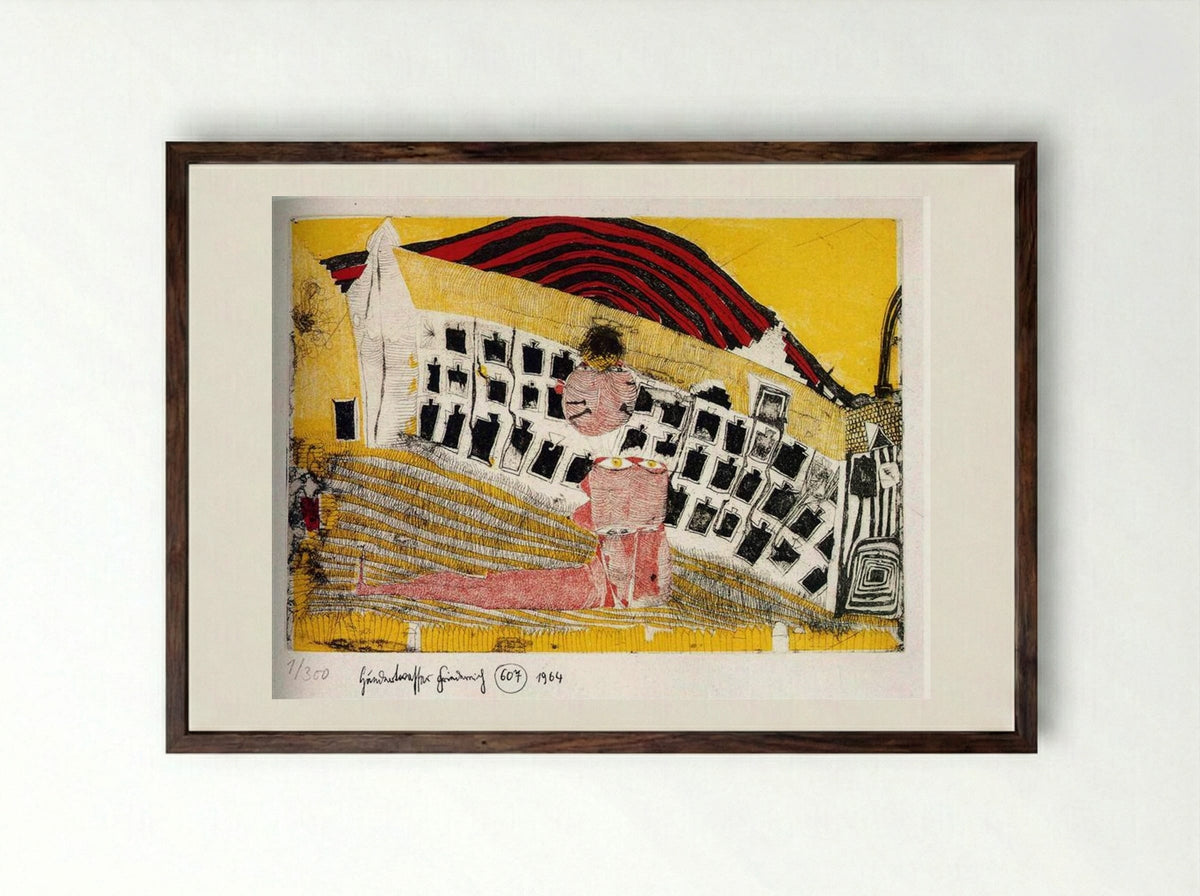 607 Girl-Finding in the Grass - Friedensreich Hundertwasser - Framed Print Dark Wood