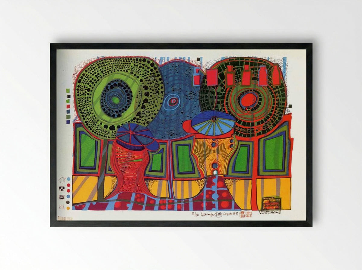 684 A Rainy Day with Walter Kampmann - Friedensreich Hundertwasser - Framed Print Black