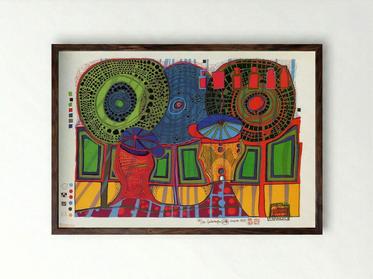 684 A Rainy Day with Walter Kampmann - Friedensreich Hundertwasser - Framed Print Dark Wood