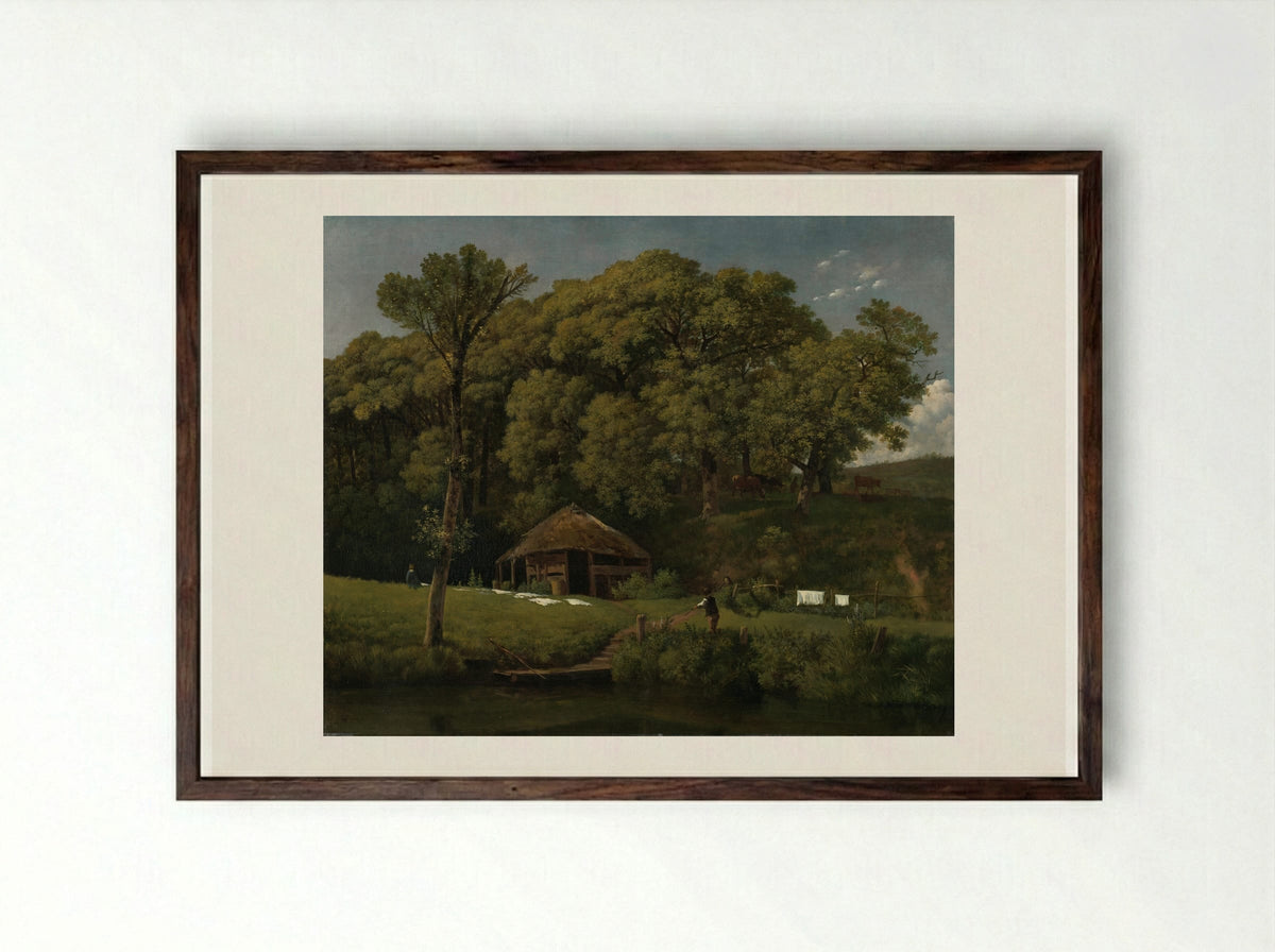 A Barn on the Bank of a Stream in Gelderland - Wouter Johannes van Troostwijk - Framed Print Dark Wood