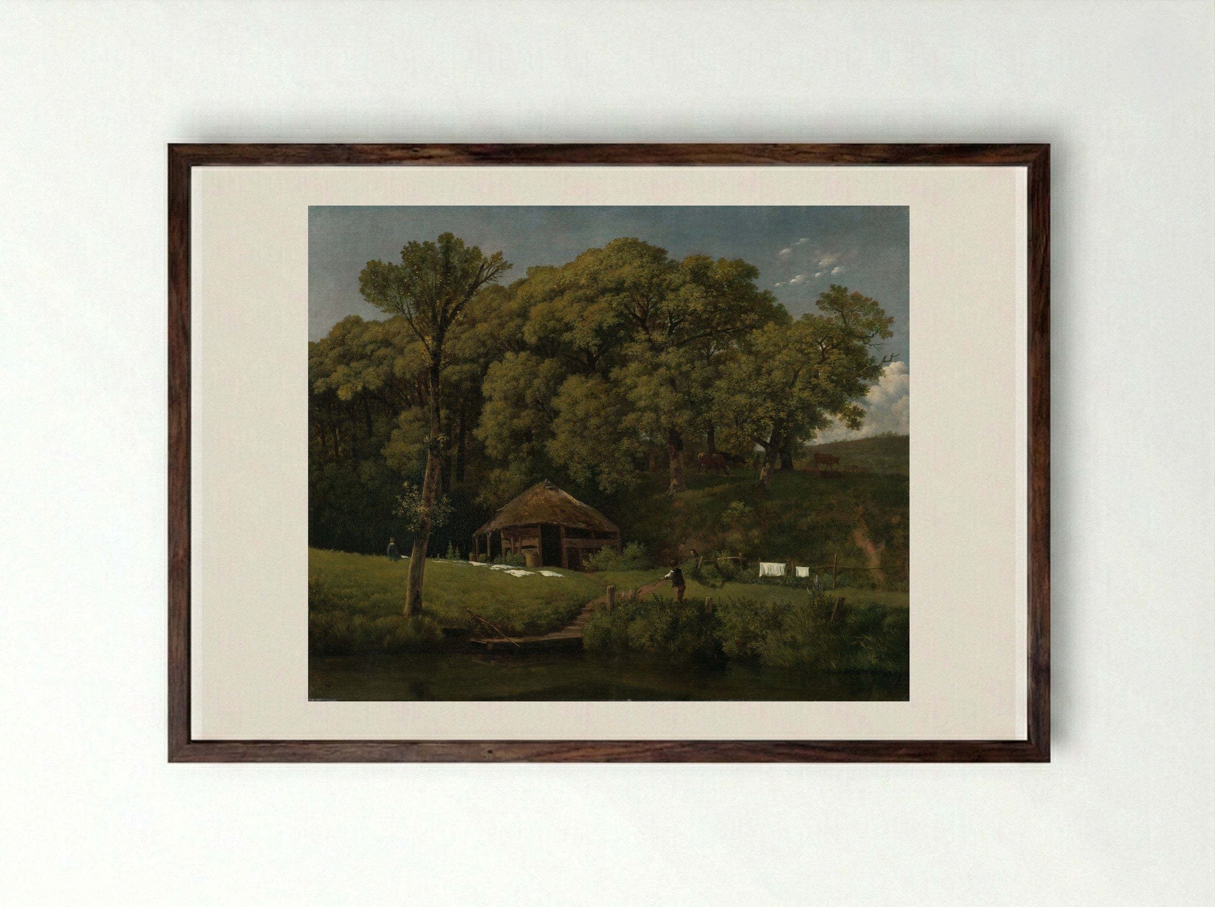 A Barn on the Bank of a Stream in Gelderland - Wouter Johannes van Troostwijk - Framed Print Dark Wood