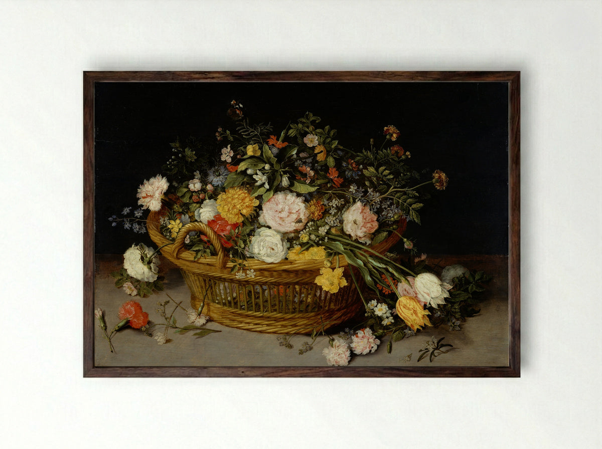 A Basket of Flowers - Jan Brueghel the Younger - Framed Print Dark Wood