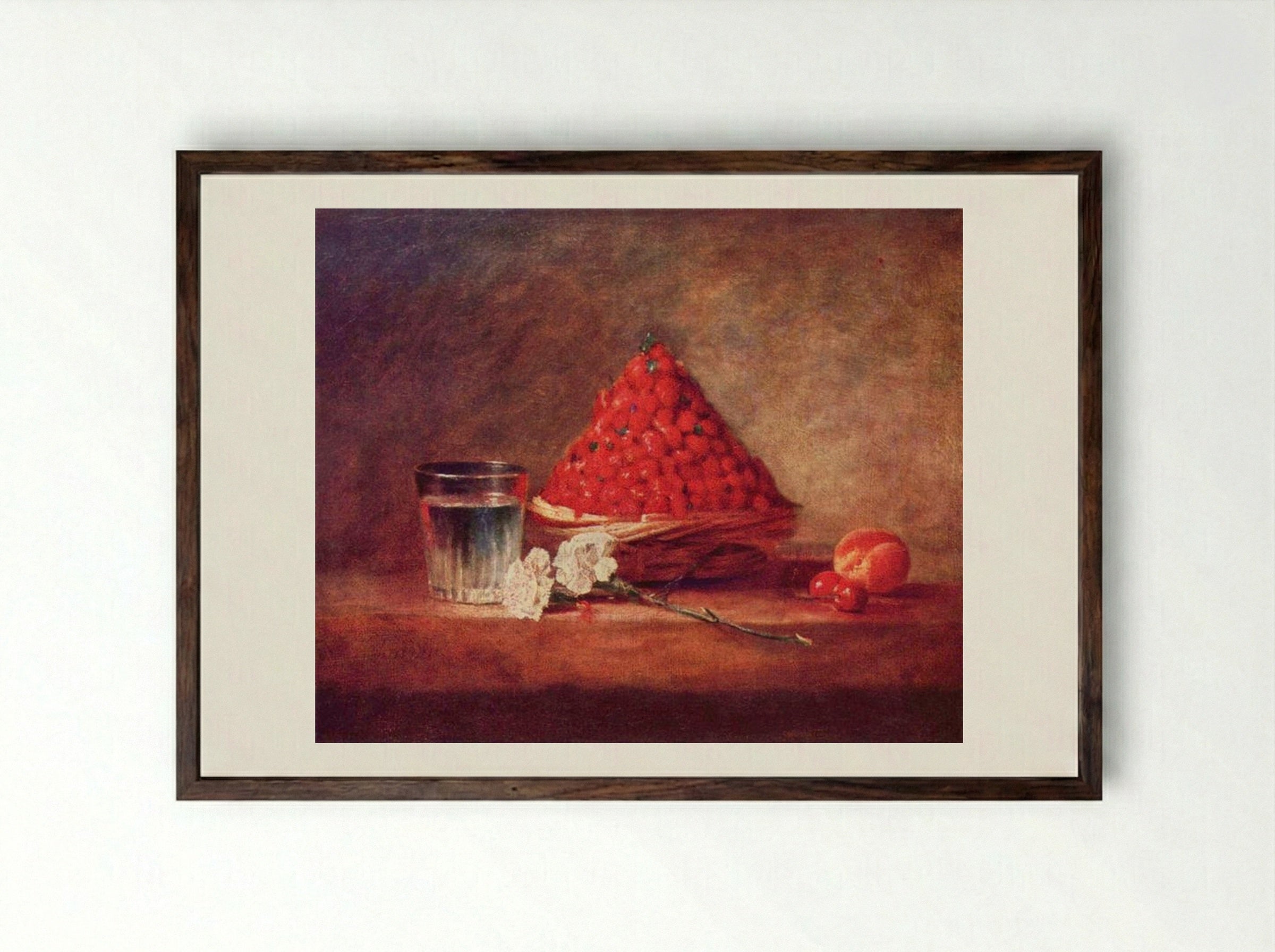 A Basket of Wild Strawberries - Jean-Baptiste-Simeon Chardin - Framed Print Dark Wood