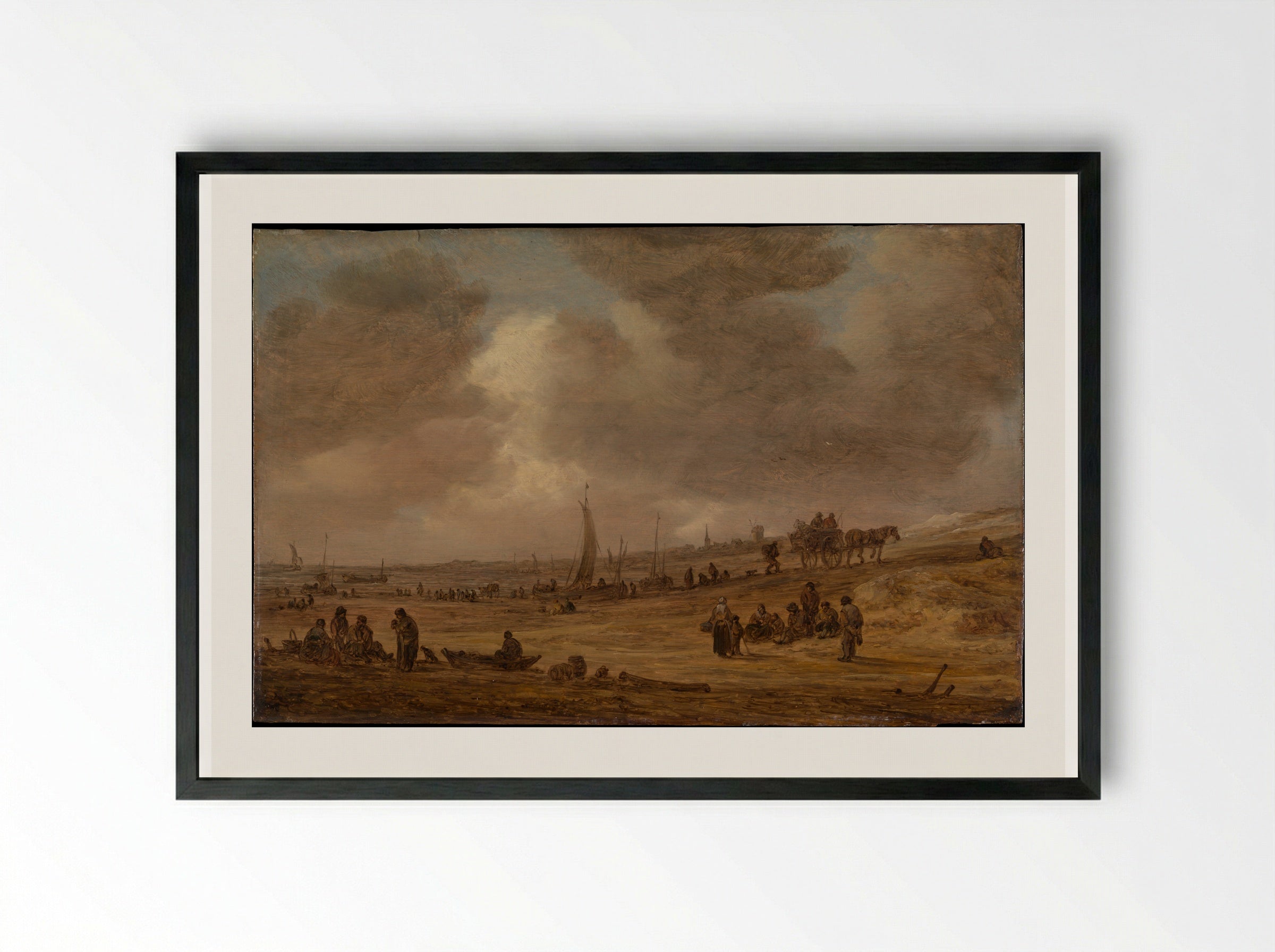A Beach with Fishing Boats - Jan van Goyen - Framed Print Black