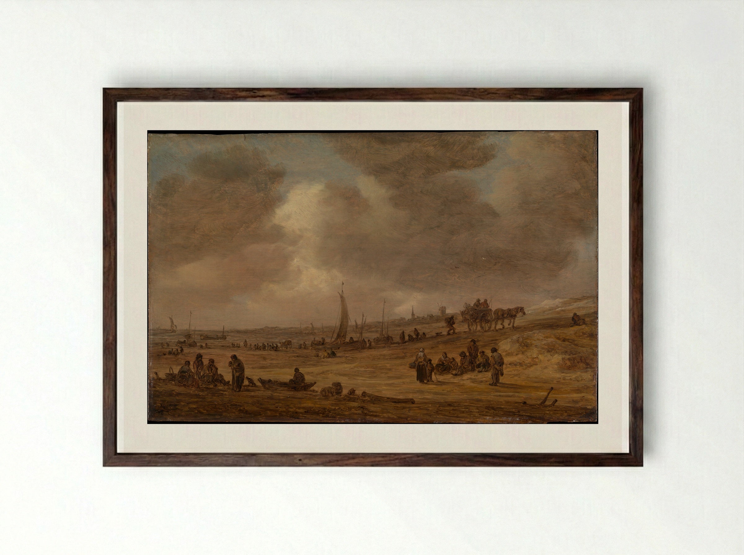 A Beach with Fishing Boats - Jan van Goyen - Framed Print Dark Wood