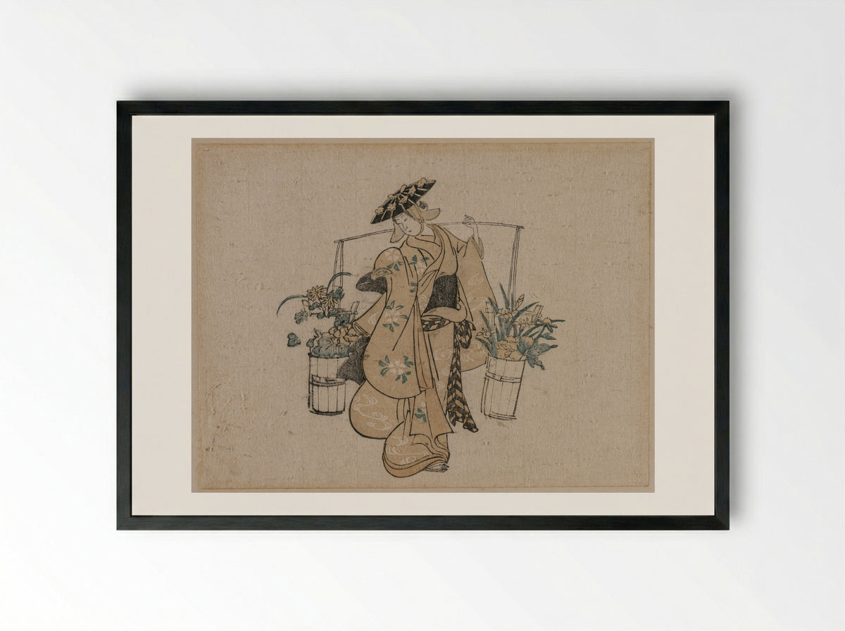 A Beauty Carrying Two Buckets of Flowers - Torii Kiyomasu - Framed Print Black