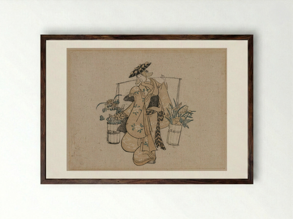 A Beauty Carrying Two Buckets of Flowers - Torii Kiyomasu - Framed Print Dark Wood