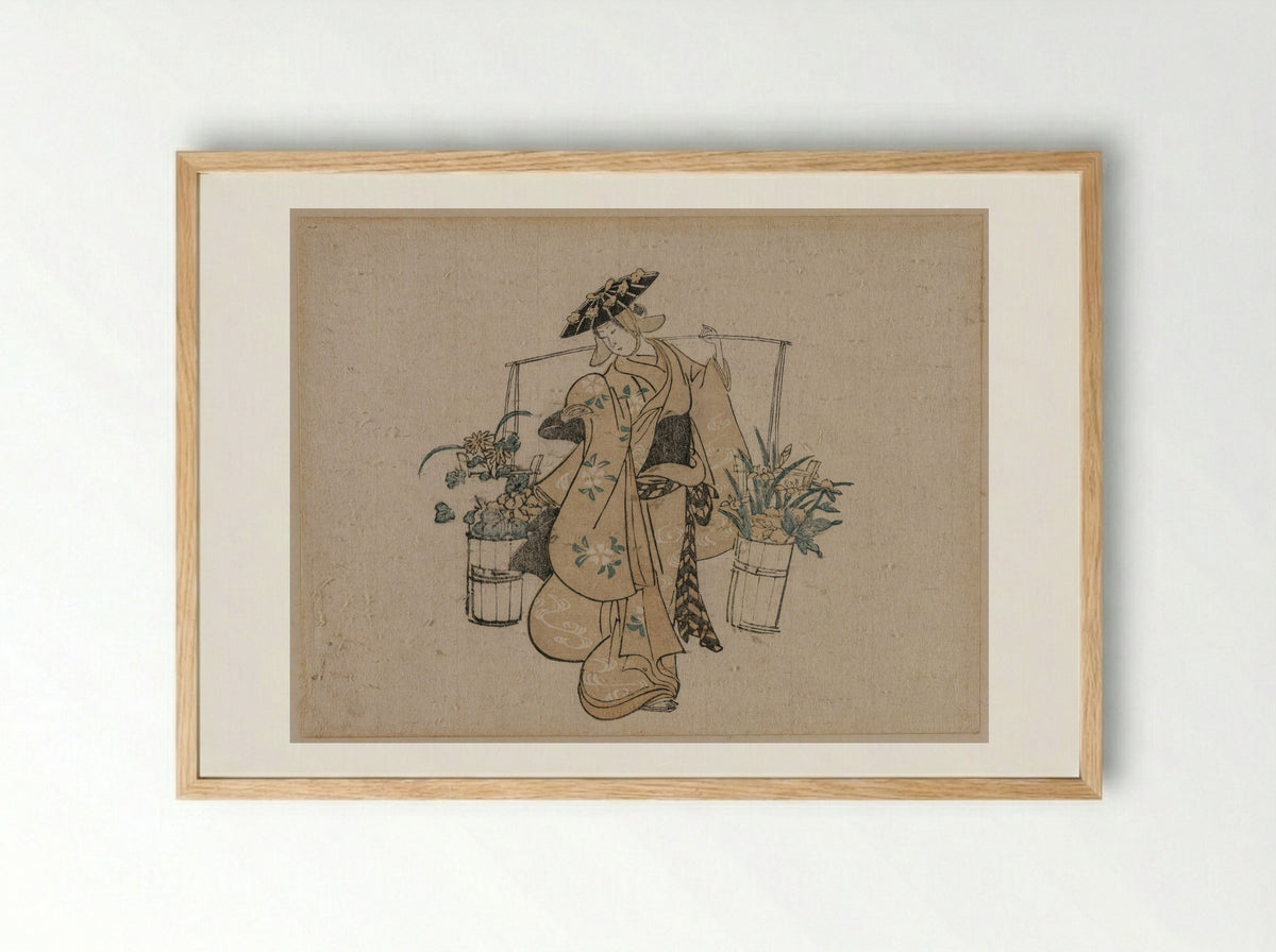 A Beauty Carrying Two Buckets of Flowers - Torii Kiyomasu - Framed Print Wood