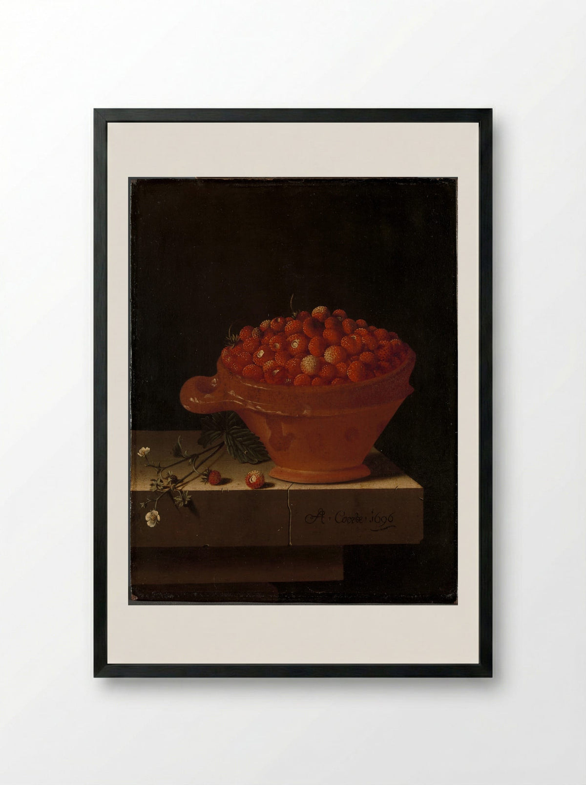 A Bowl of Strawberries on a Stone Plinth - Adriaen Coorte - Framed Print Black