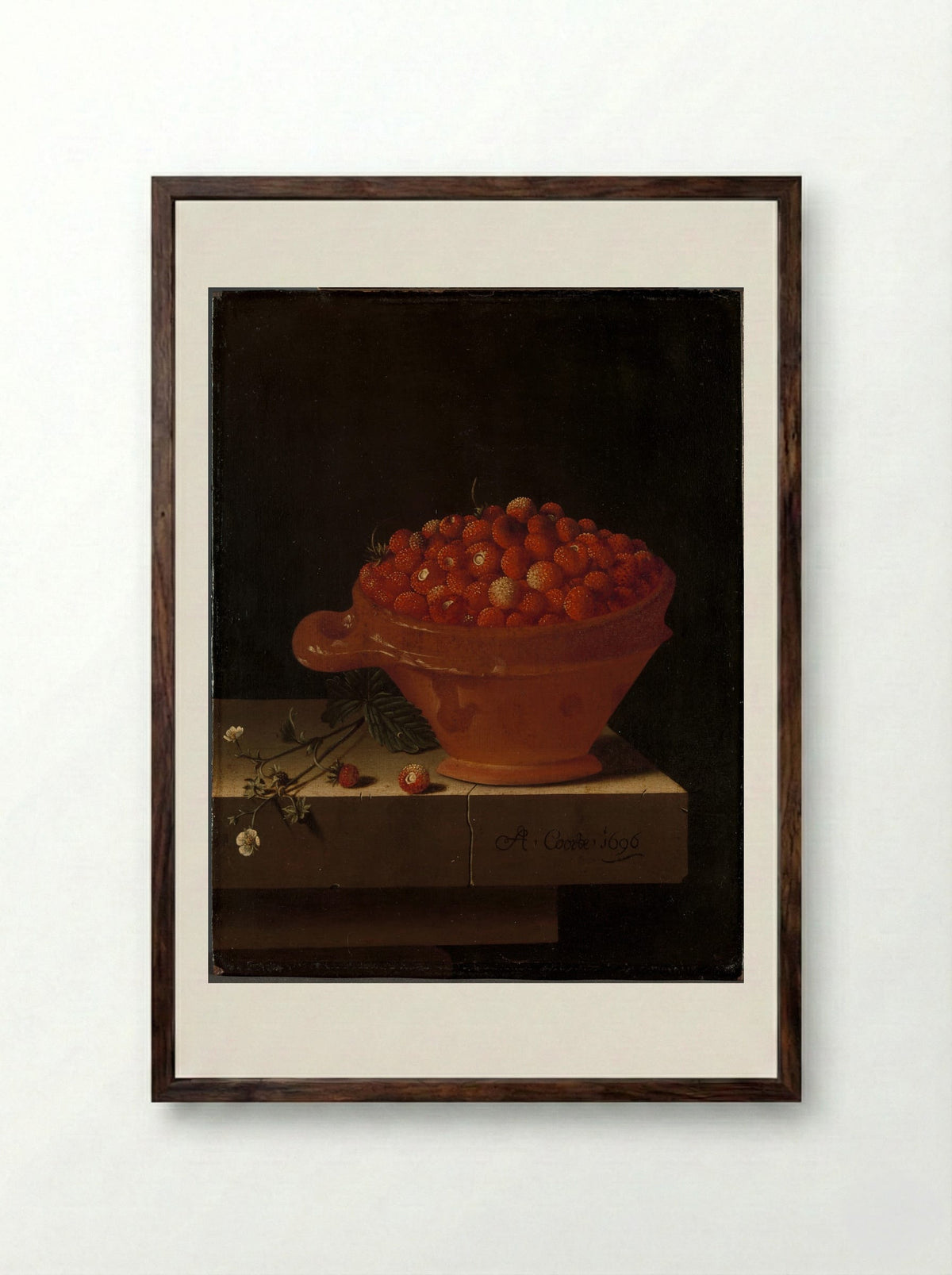 A Bowl of Strawberries on a Stone Plinth - Adriaen Coorte - Framed Print Dark Wood