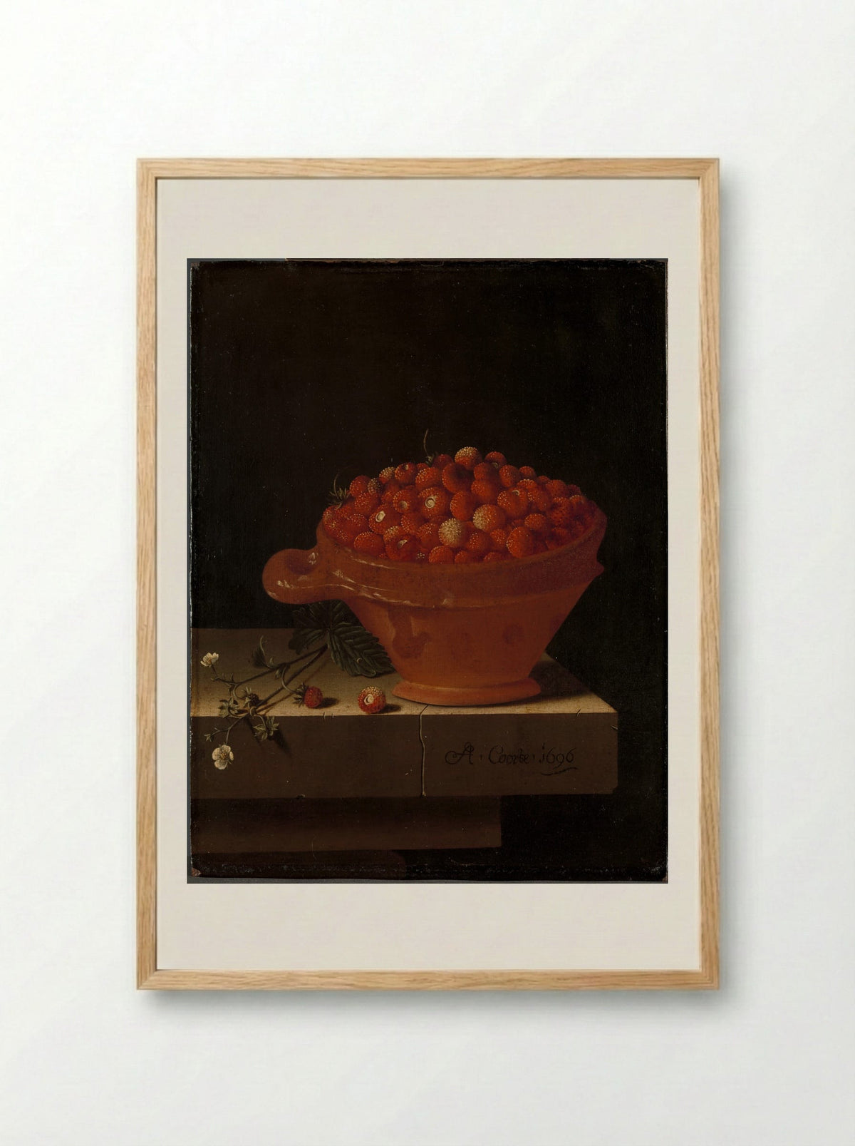 A Bowl of Strawberries on a Stone Plinth - Adriaen Coorte - Framed Print Wood