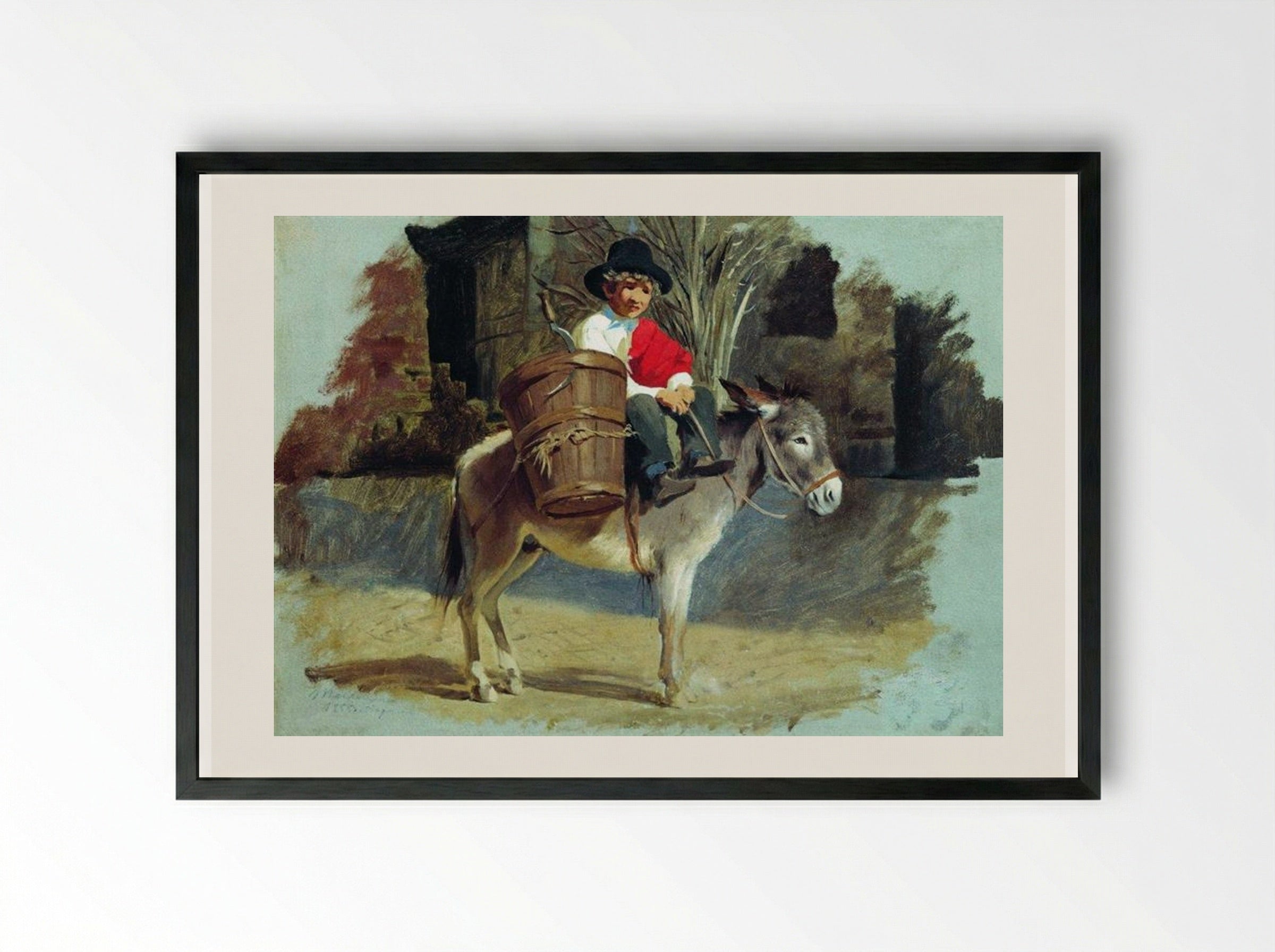 A Boy on a Donkey - Fyodor Bronnikov - Framed Print Black