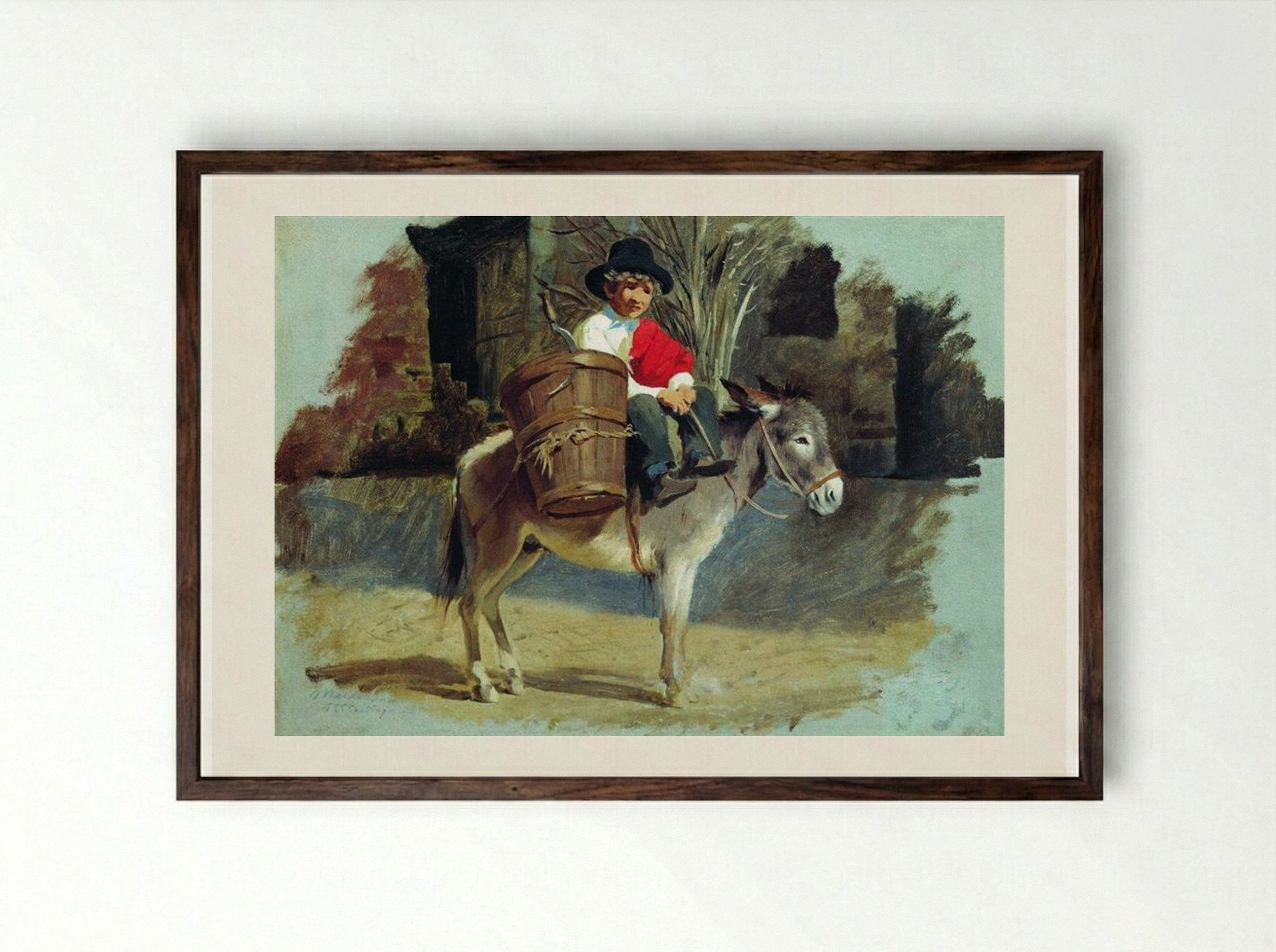 A Boy on a Donkey - Fyodor Bronnikov - Framed Print Dark Wood
