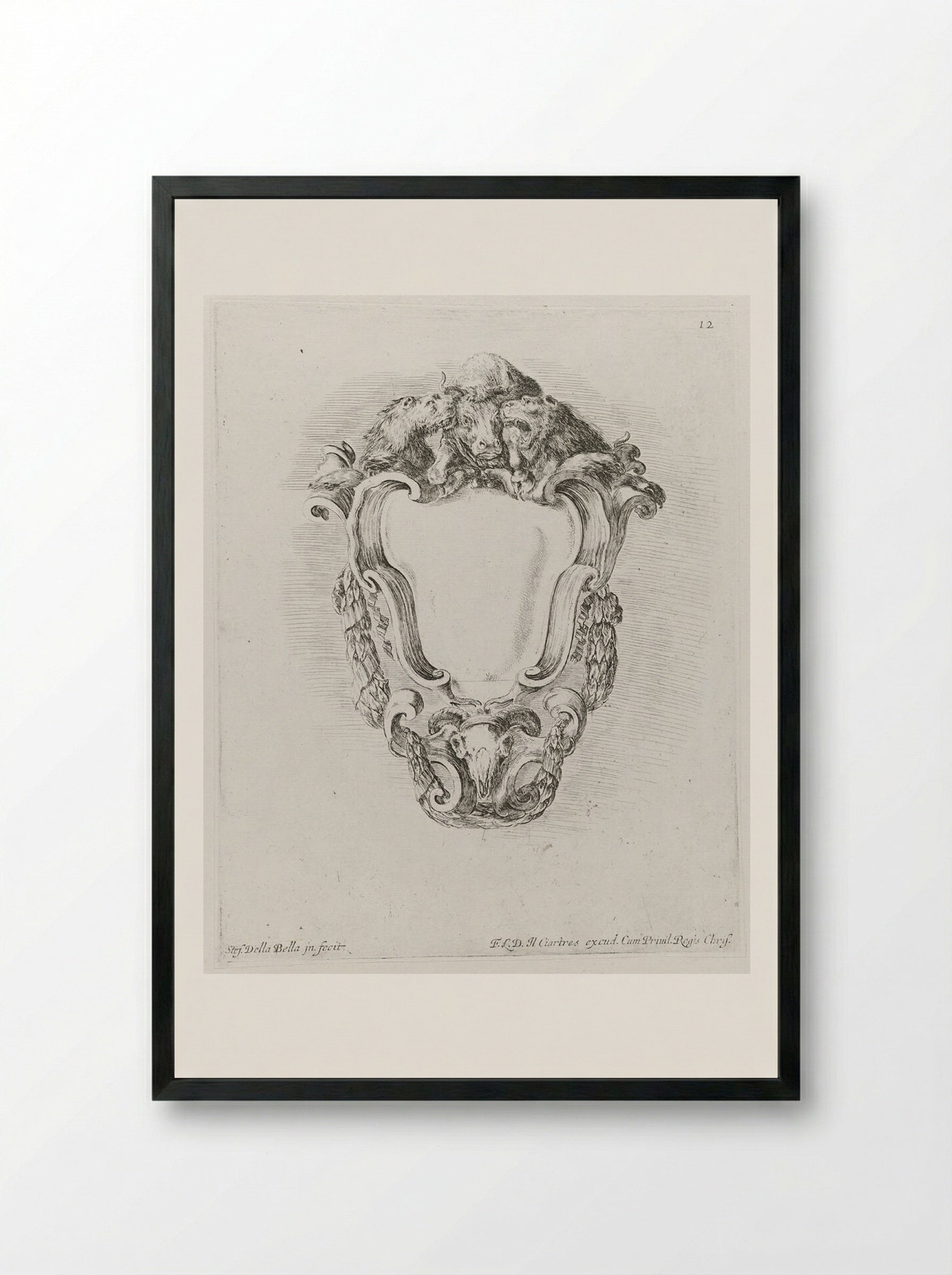 A Bull Attacked by Two Lions - Stefano Della Bella - Framed Print Black