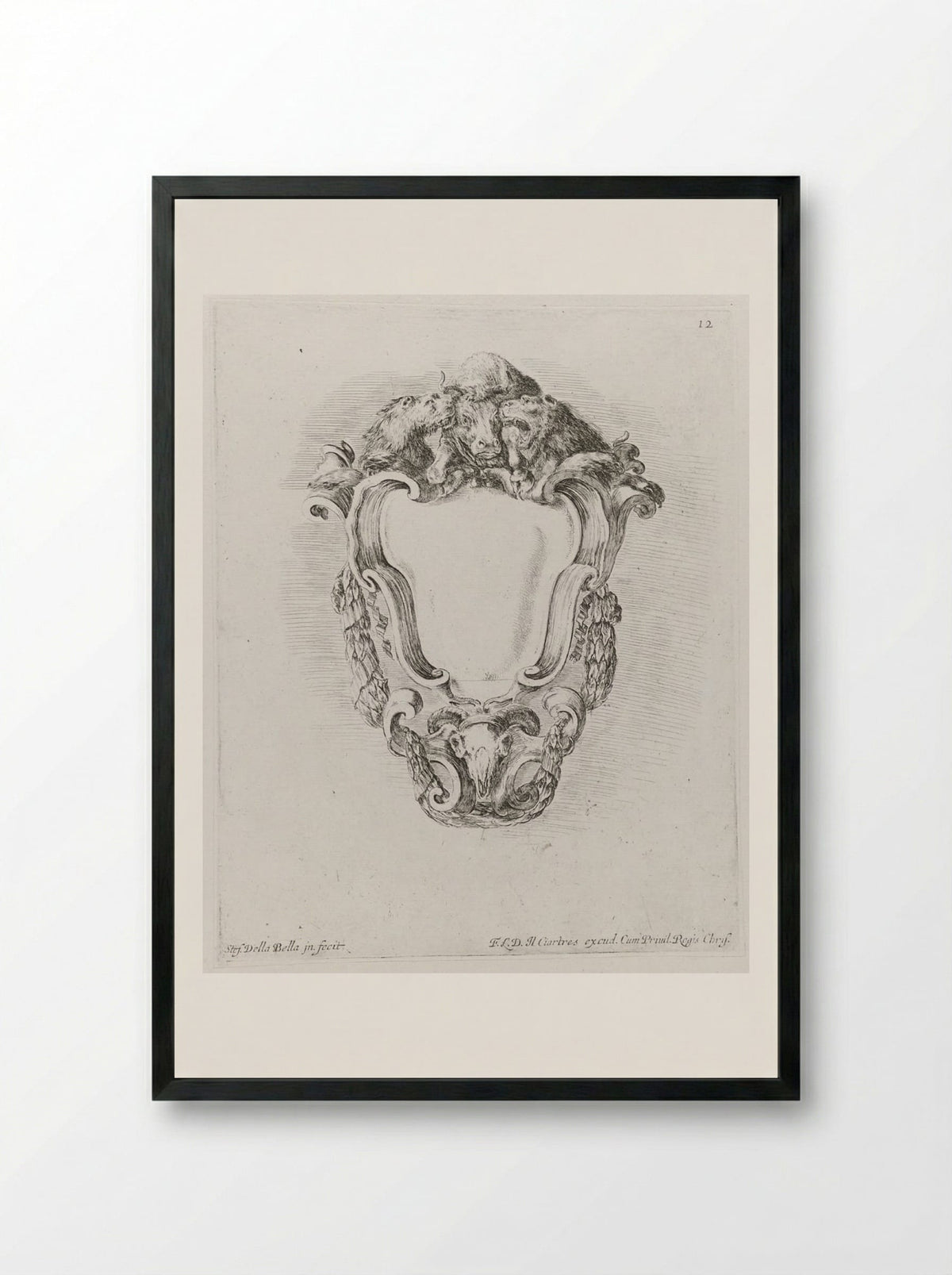 A Bull Attacked by Two Lions - Stefano Della Bella - Framed Print Black