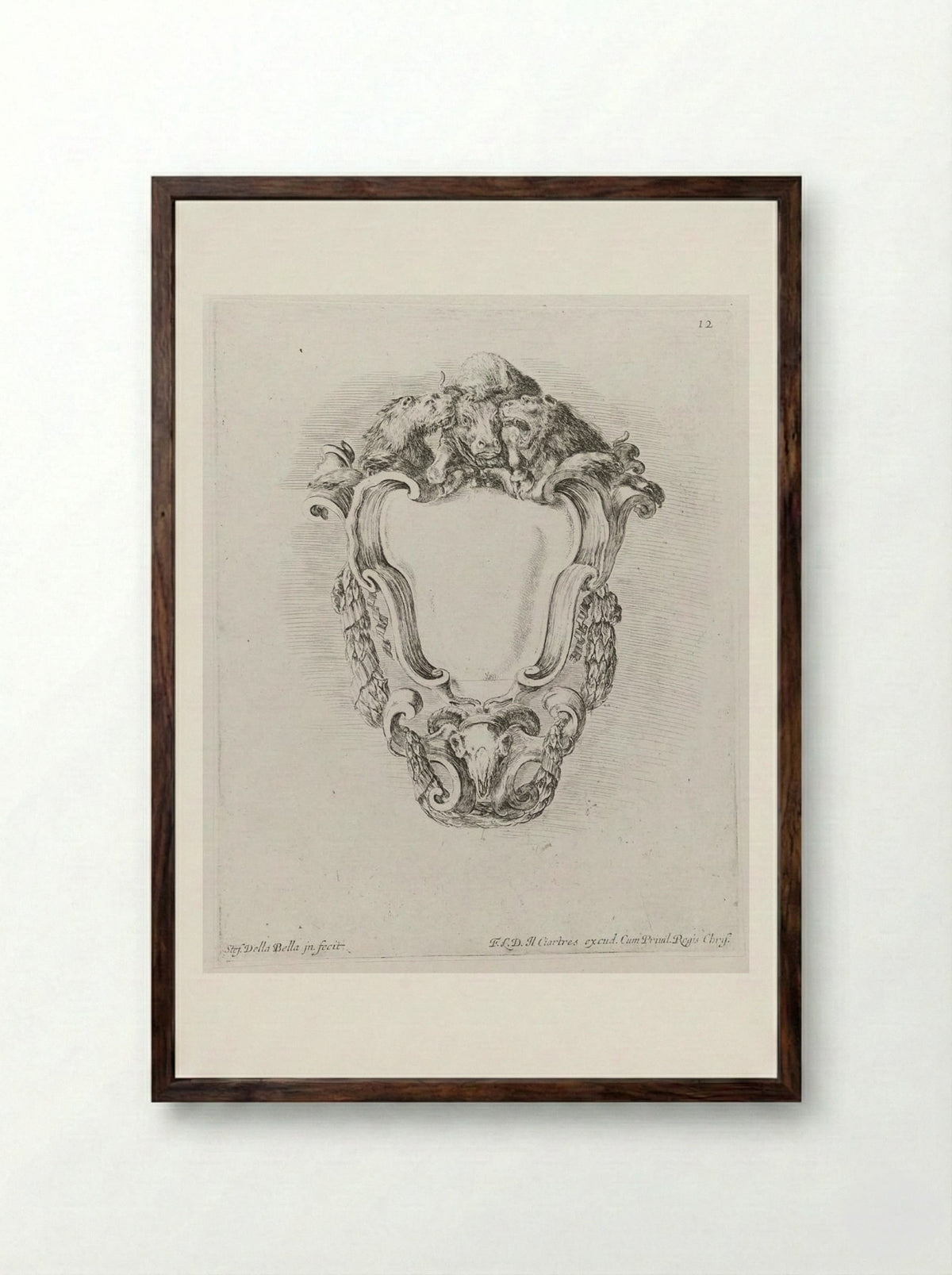A Bull Attacked by Two Lions - Stefano Della Bella - Framed Print Dark Wood