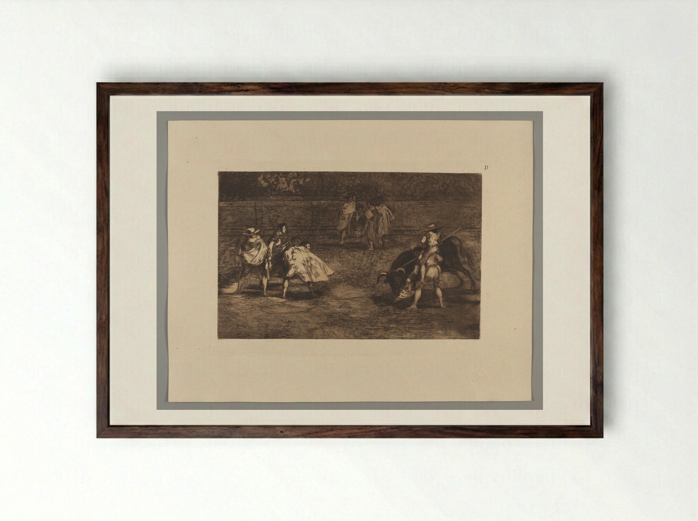 A Bullfighter, Mounted on the Shoulders of an Assistant, Spearing a Bull - Francisco José de Goya y Lucientes - Framed Print Dark Wood