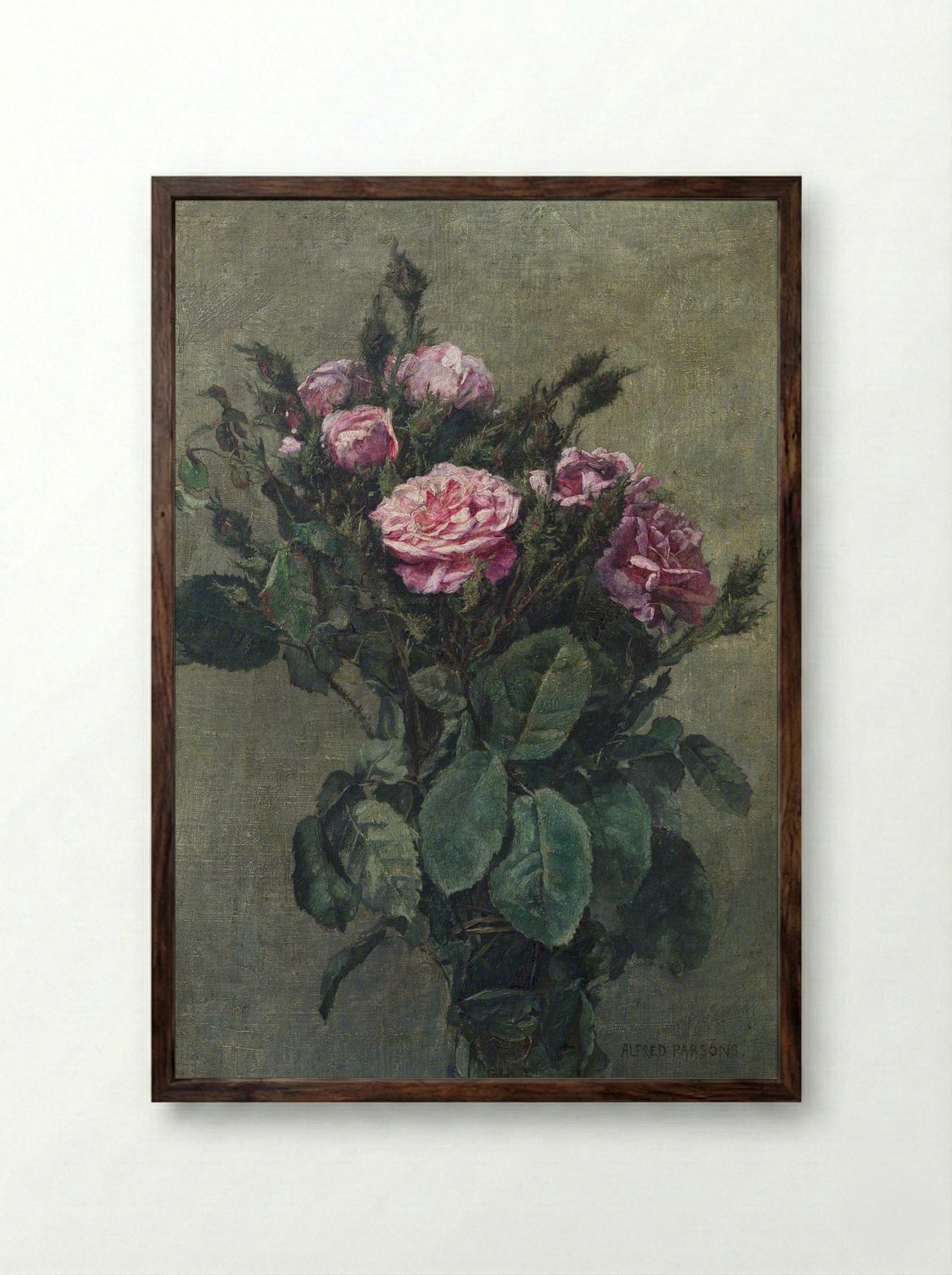 A Bunch of London Market Garden Moss Roses - Alfred Parsons - Framed Print Dark Wood