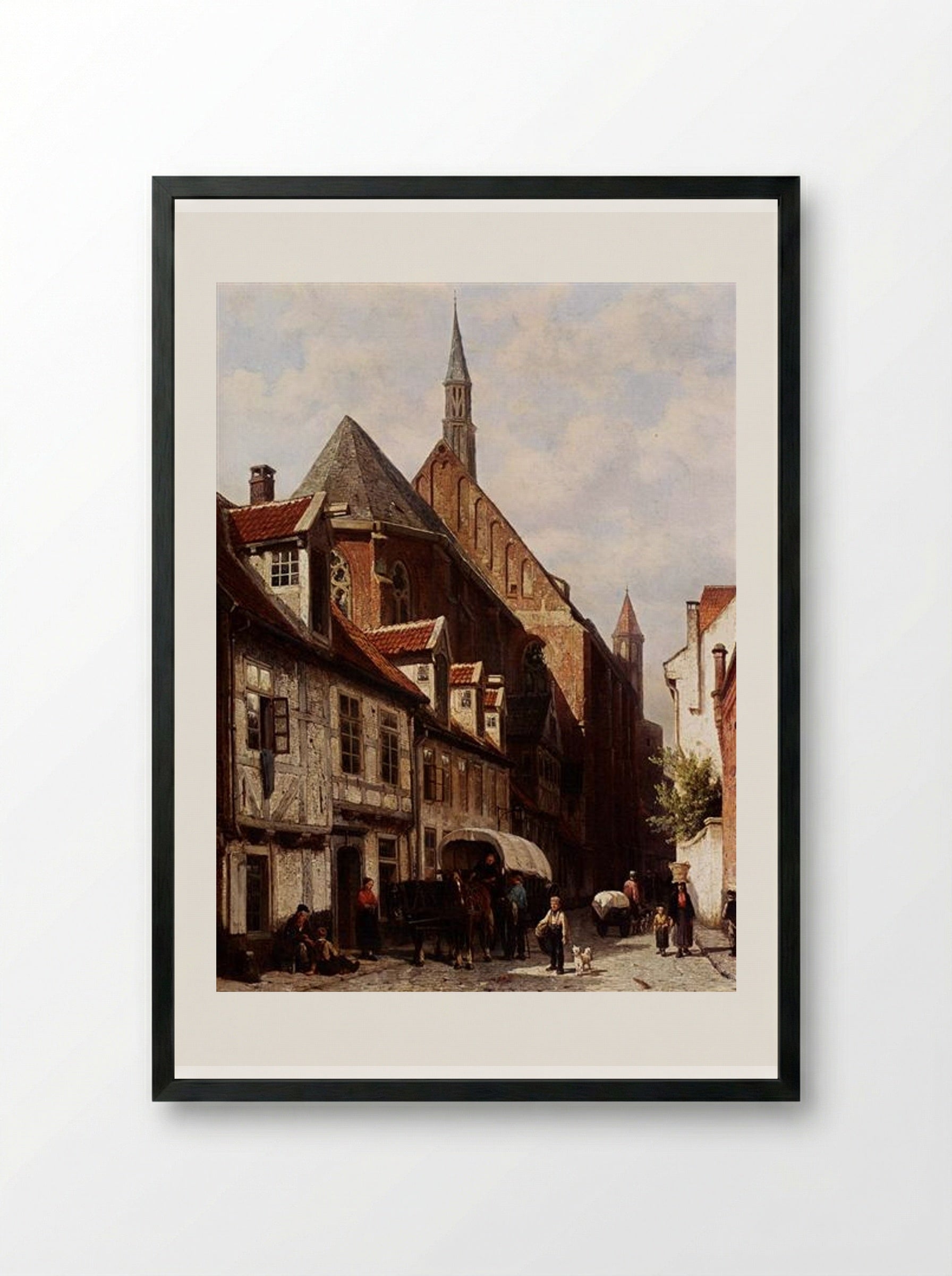 A Busy Street In Bremen With The Saint Johann Church In The Background - Cornelis Springer - Framed Print Black