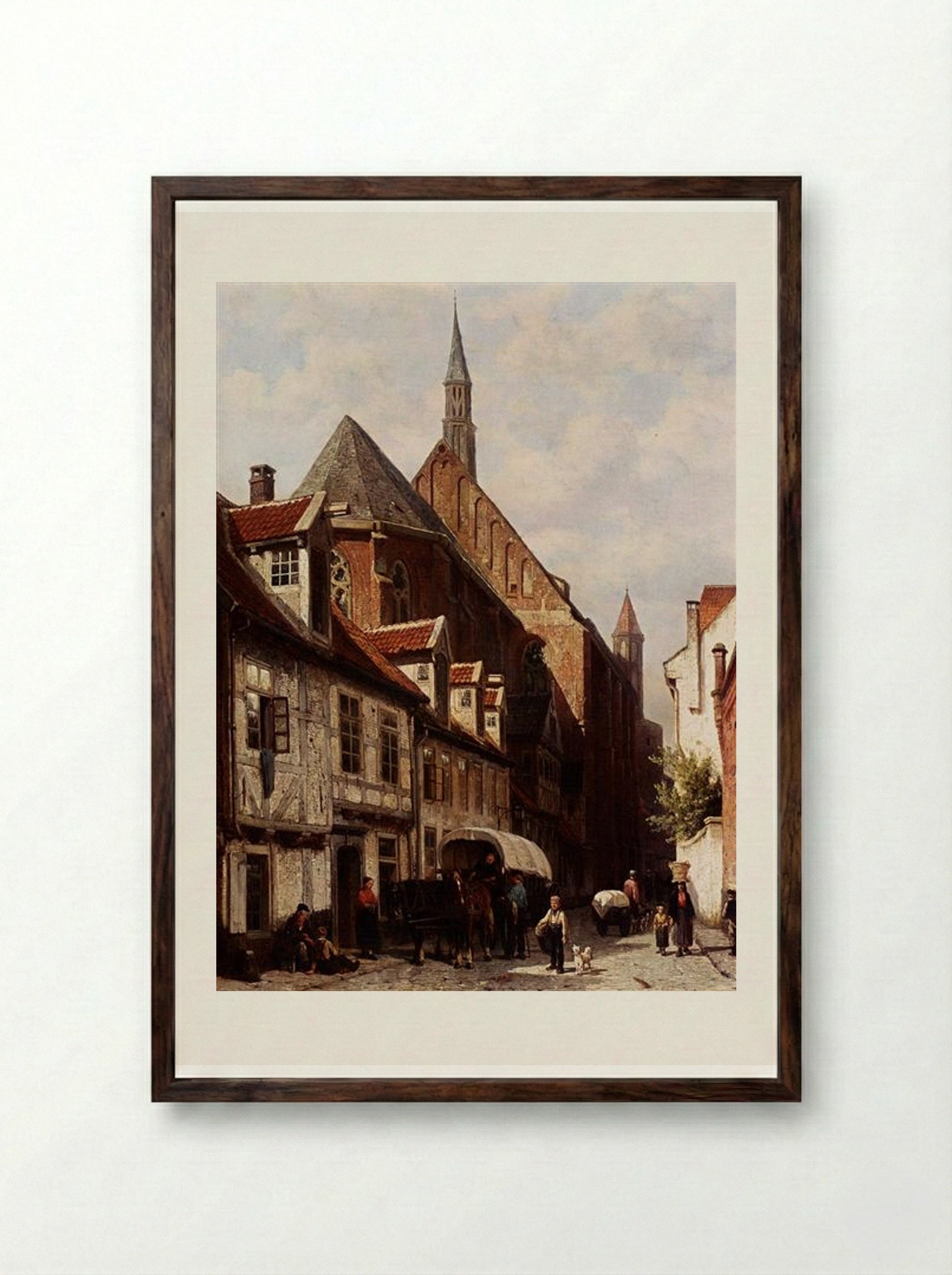 A Busy Street In Bremen With The Saint Johann Church In The Background - Cornelis Springer - Framed Print Dark Wood