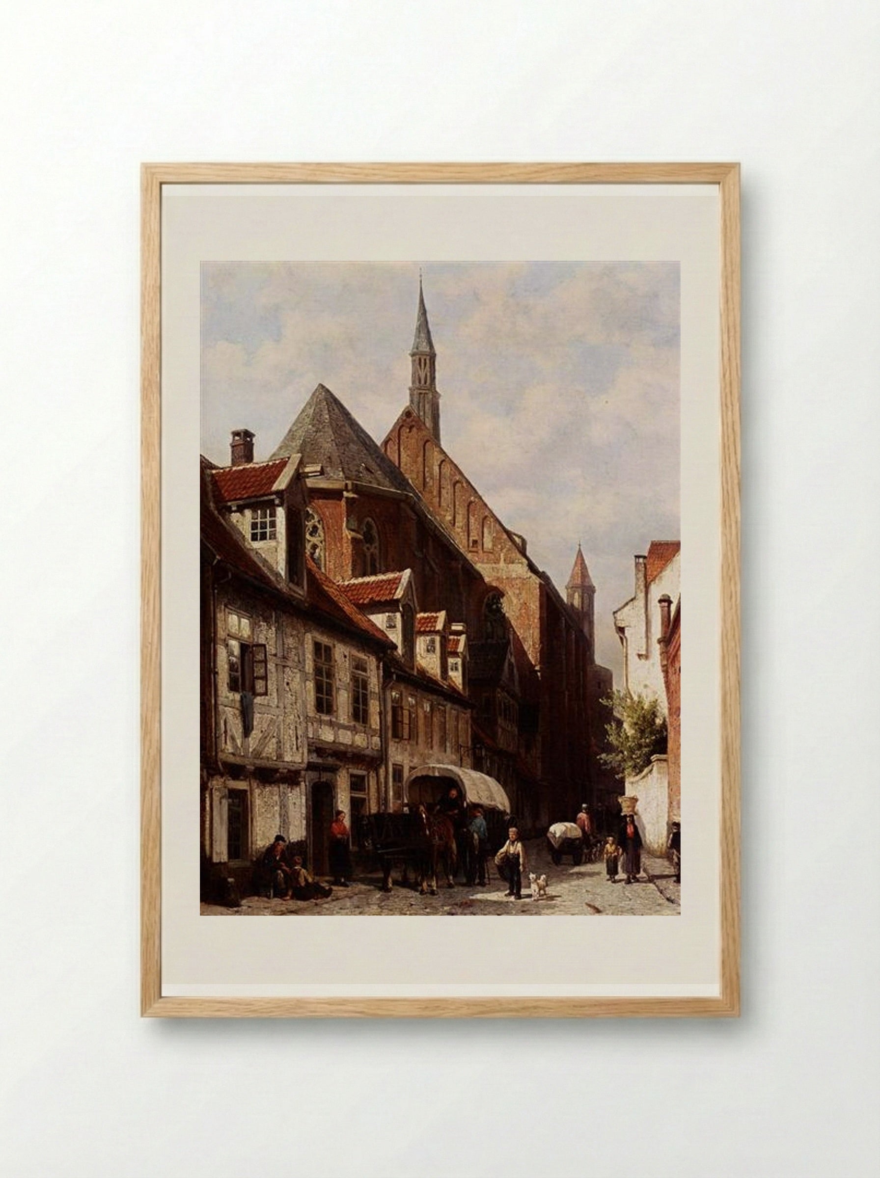 A Busy Street In Bremen With The Saint Johann Church In The Background - Cornelis Springer - Framed Print Wood