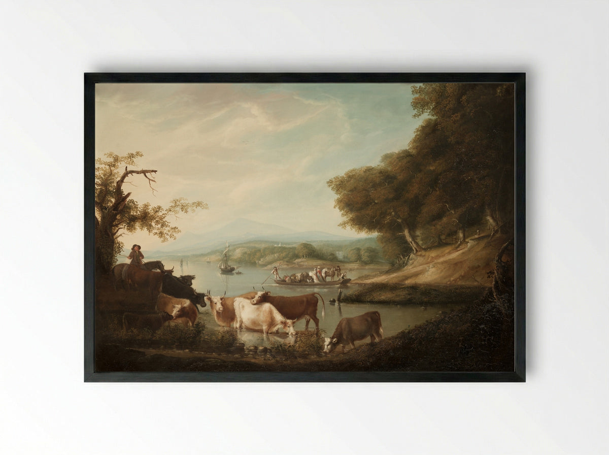 A Calm Watering Place: Extensive and Boundless Scene with Cattle - Alvan Fisher - Framed Print Black