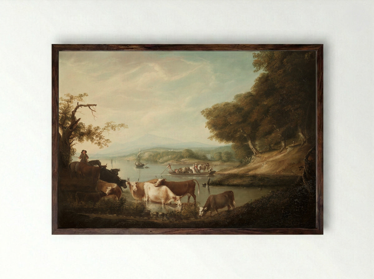 A Calm Watering Place: Extensive and Boundless Scene with Cattle - Alvan Fisher - Framed Print Dark Wood