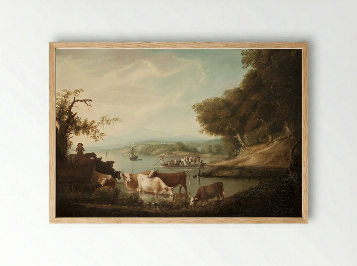 A Calm Watering Place: Extensive and Boundless Scene with Cattle - Alvan Fisher - Framed Print Wood