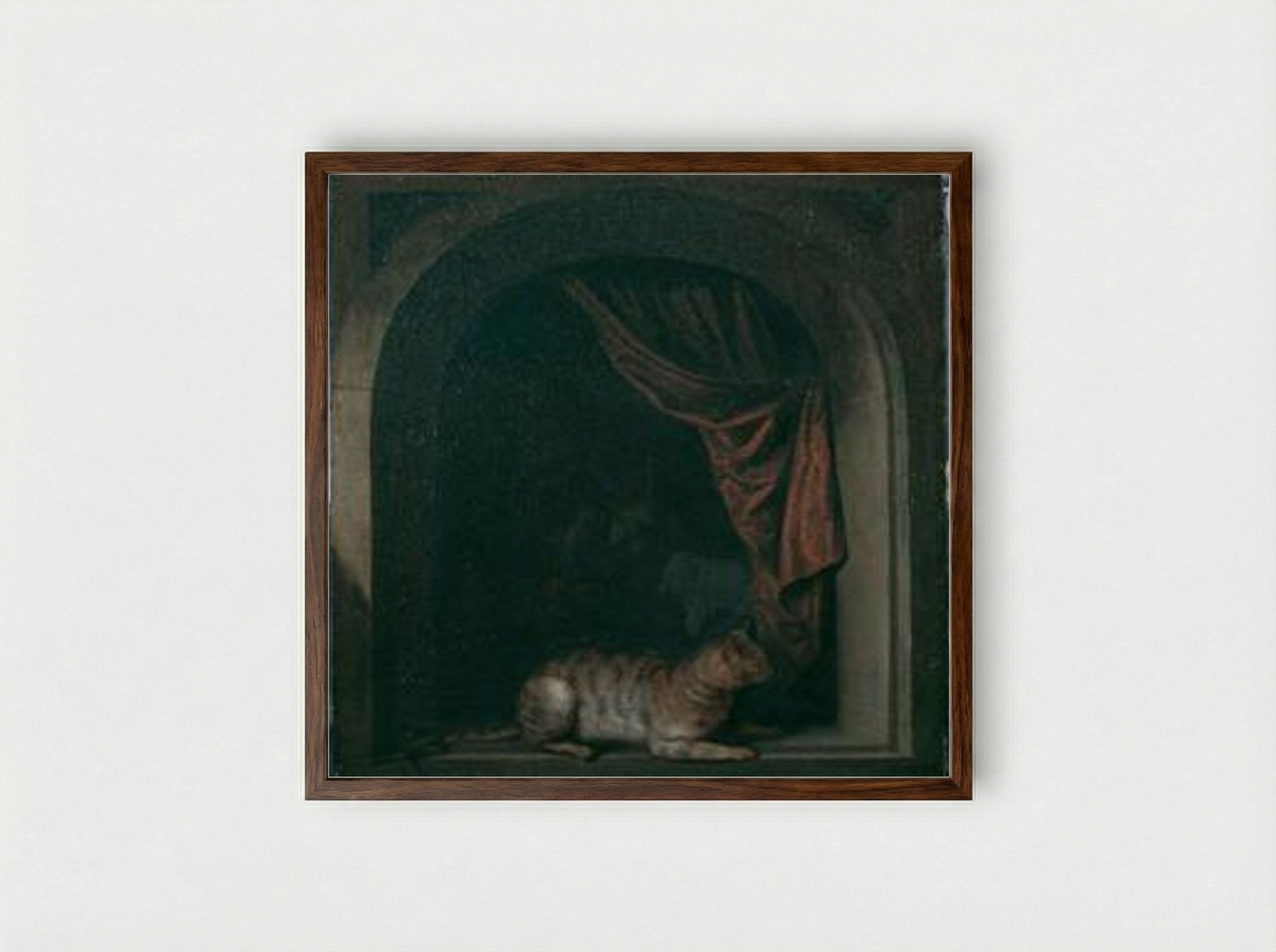 A Cat at the Window of a Painter's Studio - Gerrit Dou - Framed Print Dark Wood