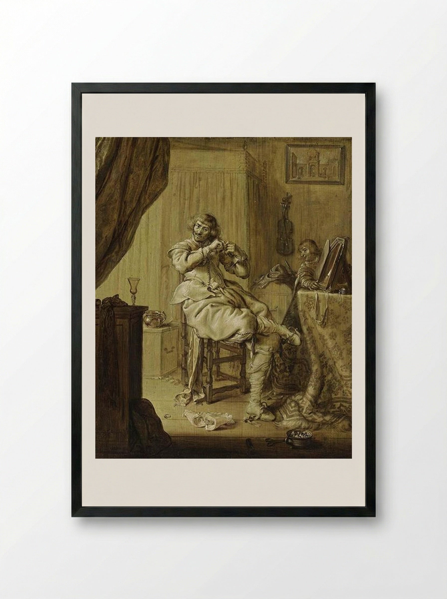 A Cavalier at His Dressing Table - Adriaen van de Venne - Framed Print Black