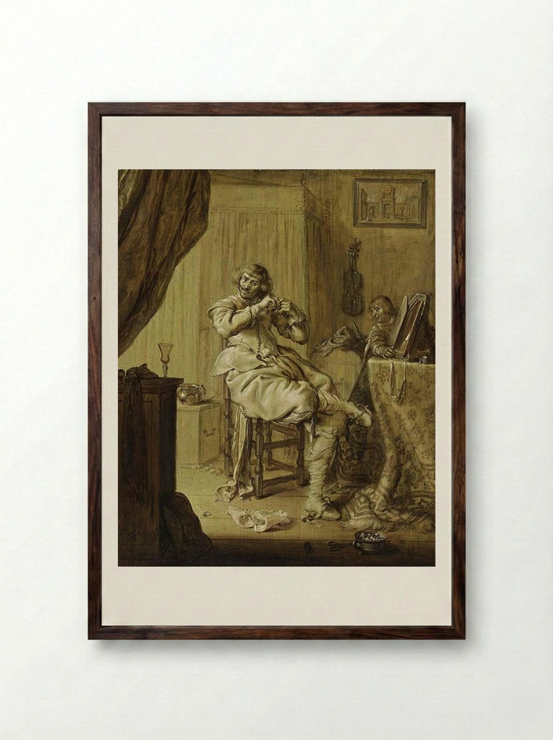 A Cavalier at His Dressing Table - Adriaen van de Venne - Framed Print Dark Wood