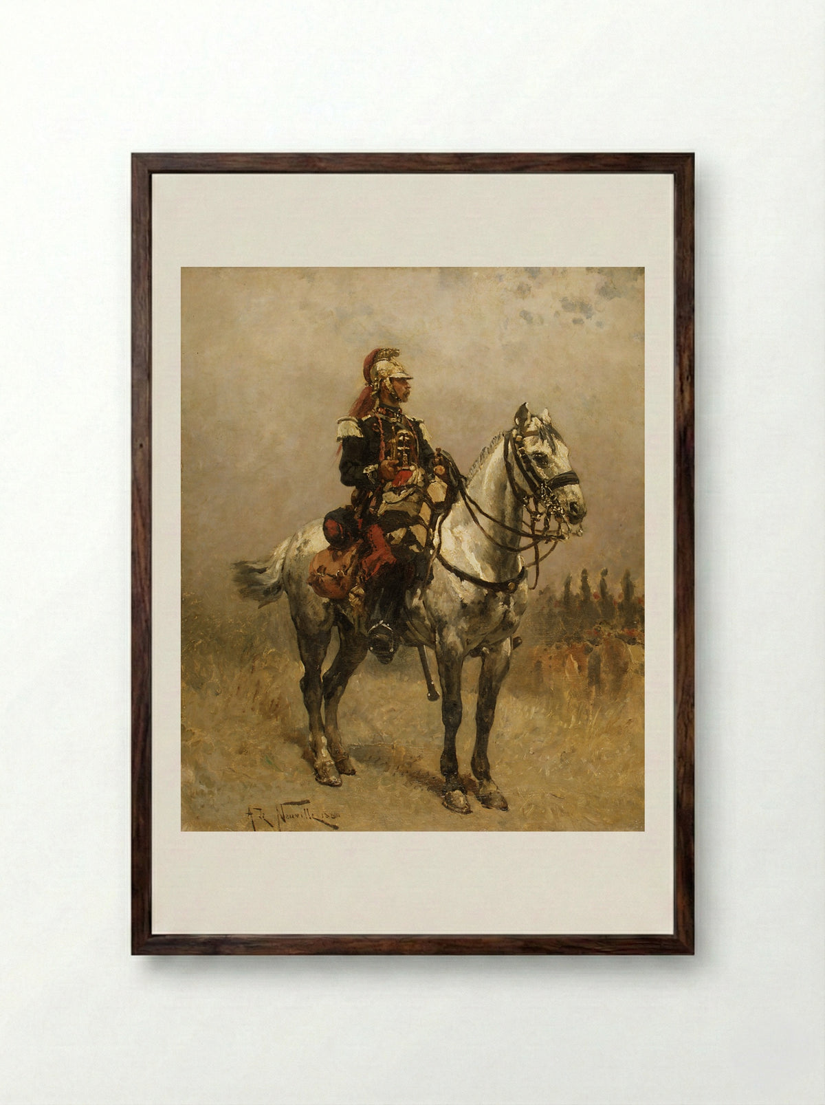 A Cavalryman - Alphonse-Marie-Adolphe de Neuville - Framed Print Dark Wood